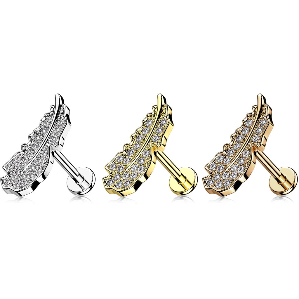 Knorpel Ohrstecker Feder Silber Gold Roségold Pavé Zirkonia Clear Piercings Chirurgenstahl Schraubverschluss Stab 6/8mm lang
