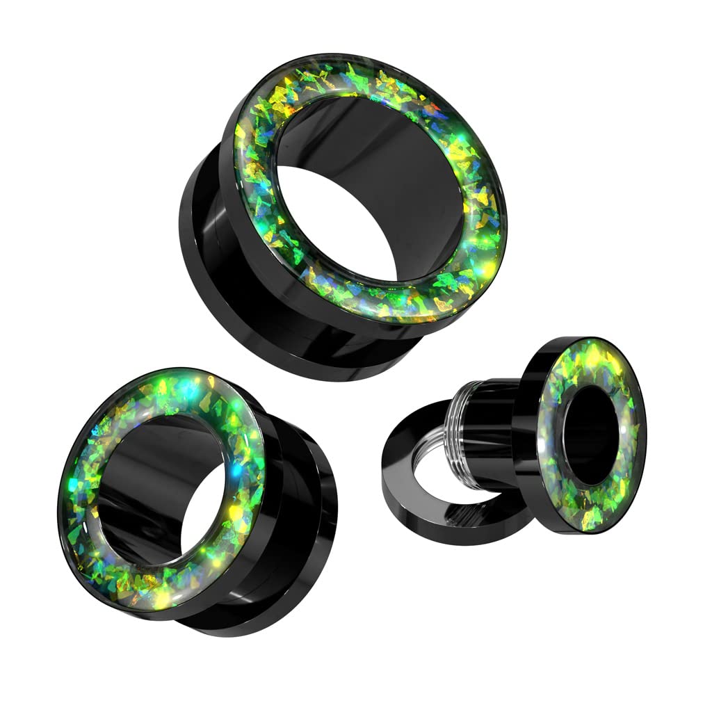 Ohrtunnel Schwarz Opal-Glitzer Rand Grün Chirurgenstahl Ohrpiercing Ohrschmuck Plug Screw Fit Schraubverschluss 8-16mm