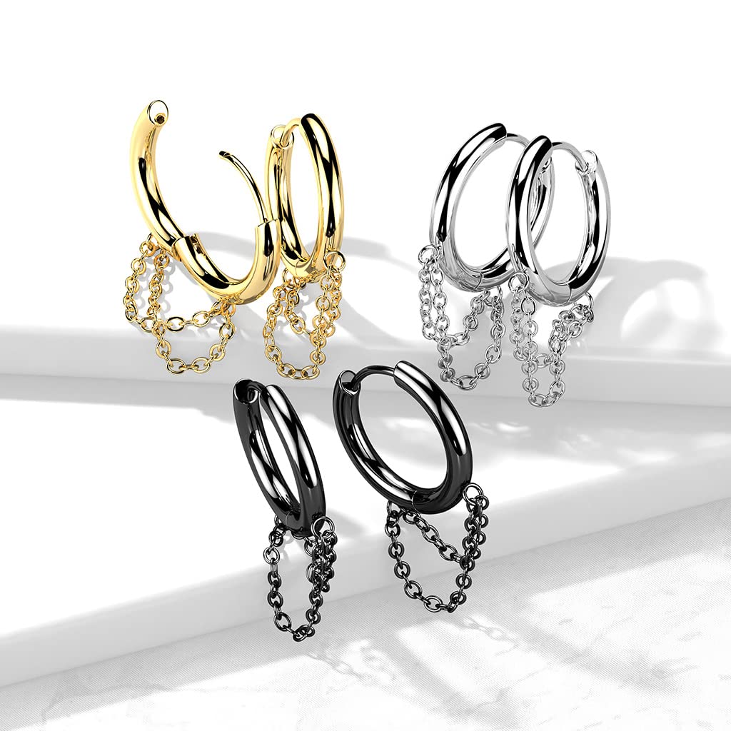 1 Paar Damen Creole Doppel-Kette Anhänger Ohrringe Silber Gold Schwarz