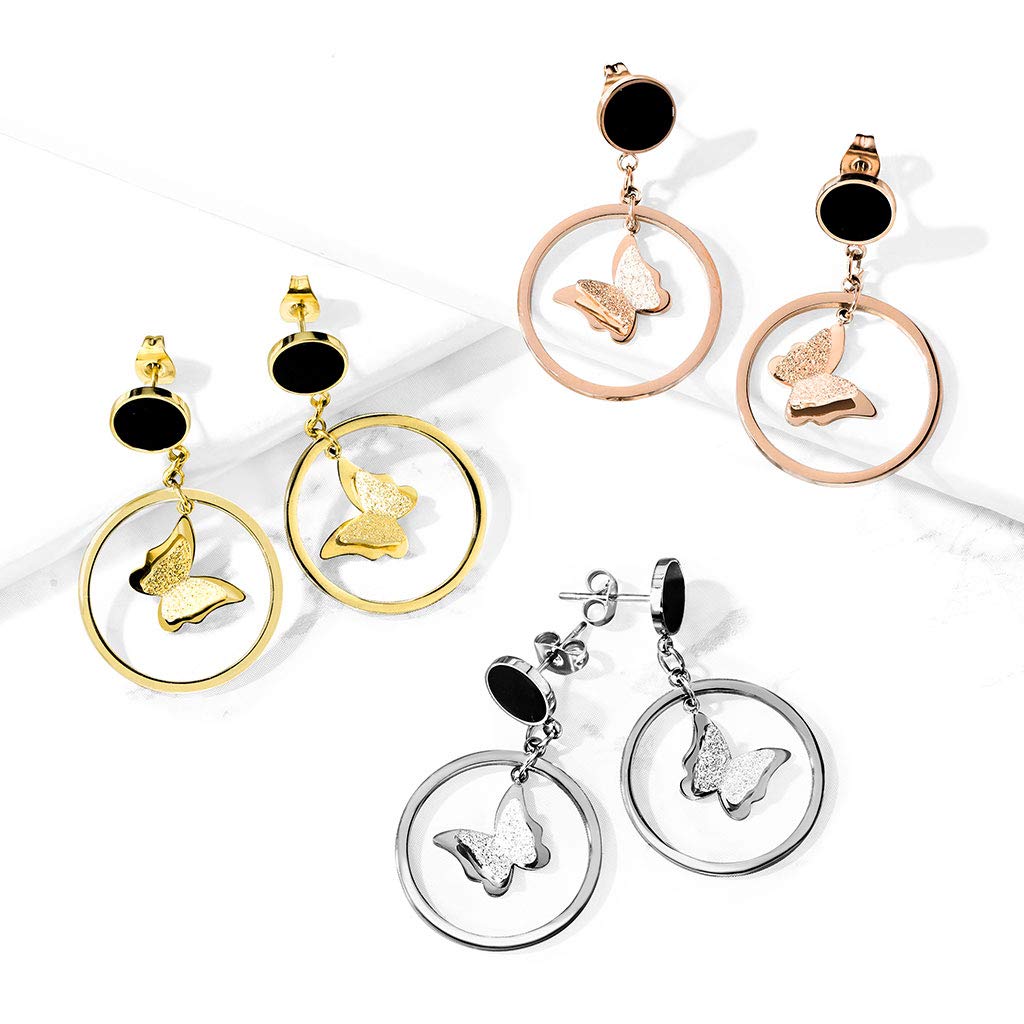 1 Paar Damen Ohrringe Enamel Schwarz 2 Ton Schmetterling Ring Anhänger e Ohrstecker Chirurgenstahl Gold Roségold Silber