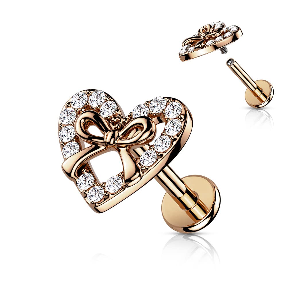 Knorpel Ohrstecker Herz Schleife Silber Gold Roségold Pavé Zirkonia Clear Piercings Chirurgenstahl Schraubverschluss Stab 6/8mm lang