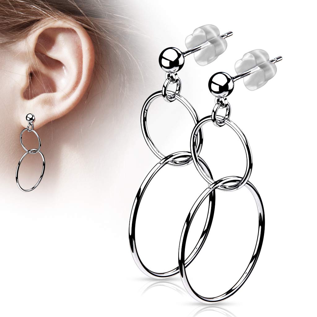 1 Paar Damen Ohrringe Kugel Doppel-Ringe Länge 38,1mm e Ohrstecker Chirurgenstahl Silber