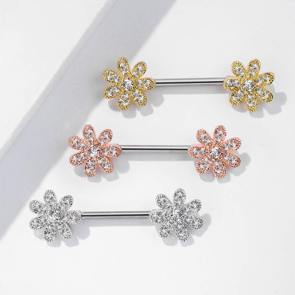 Brustwarzenpiercing Blumen Silber Gold Roségold Clear Brustpiercing Nippelpiercing Intimpiercing Chirurgenstahl Stab 14mm