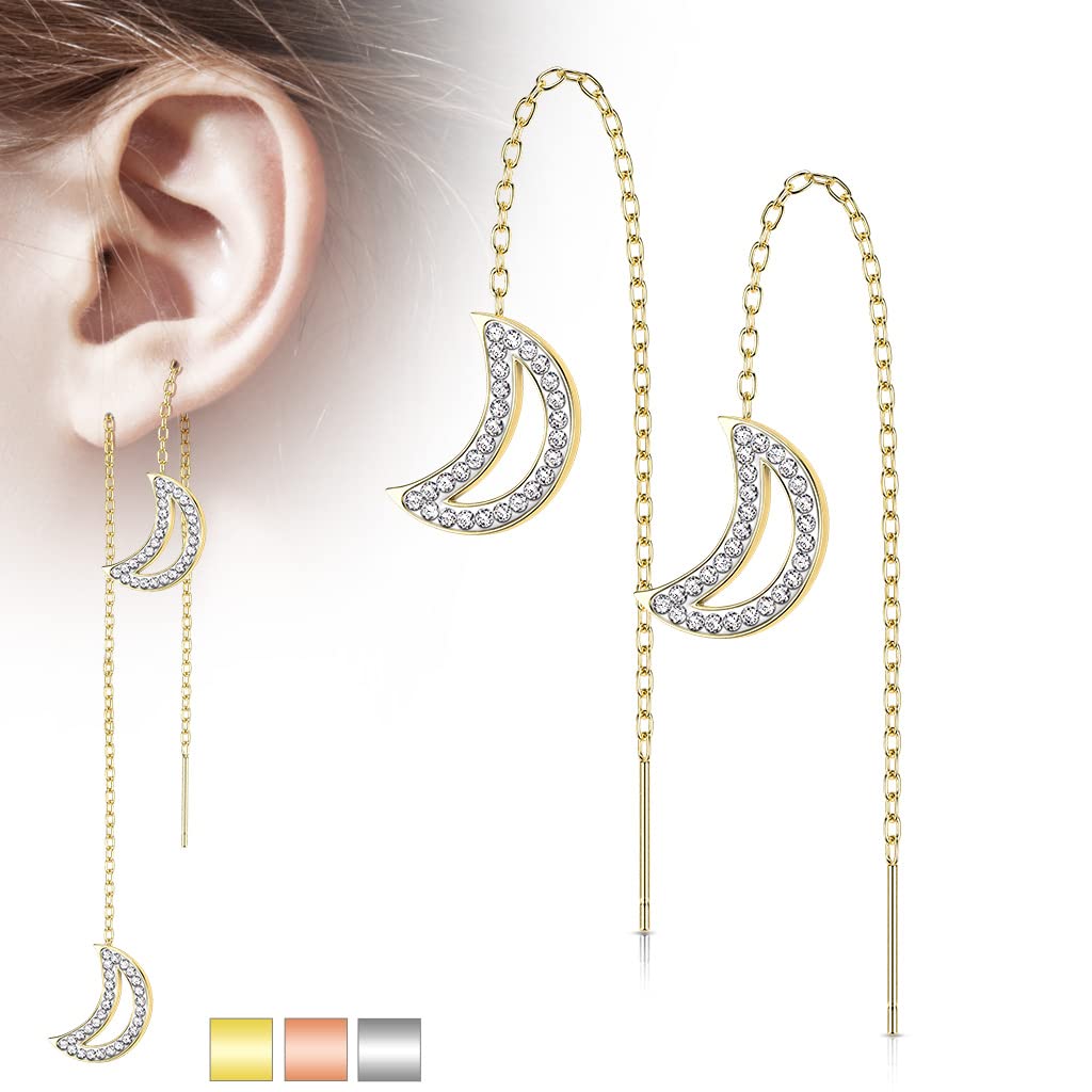 1 Paar Damen Ohrringe Durchzieher Kristall Pavé Clear Halbmond-Anhänger Ohrringe Ohrstecker Chirurgenstahl Silber Gold Roségold