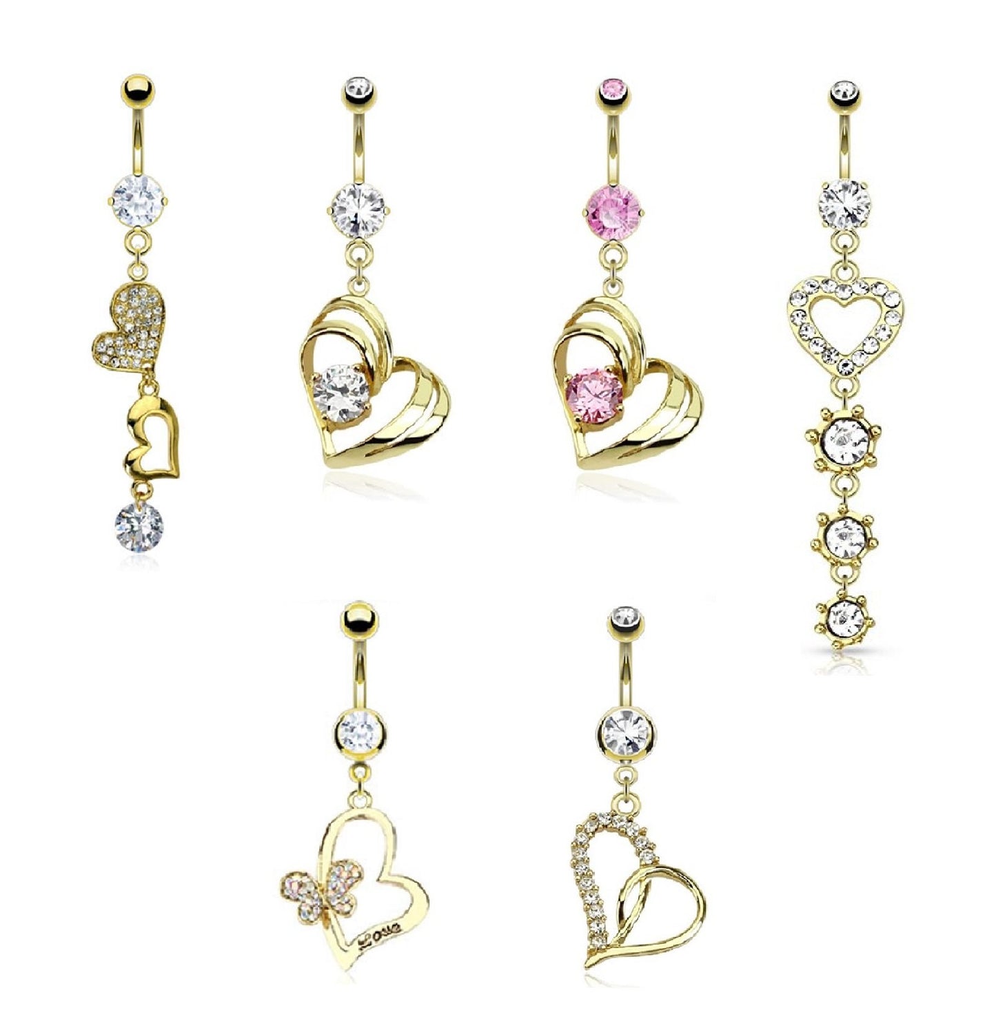 Bauchnabelpiercing Anhänger VERGOLDETE Herzen 1,6mm 10mm Stab Nabelpiercing Edelstahl Chirurgenstahl Bananabell Zirkonia 14 Karat