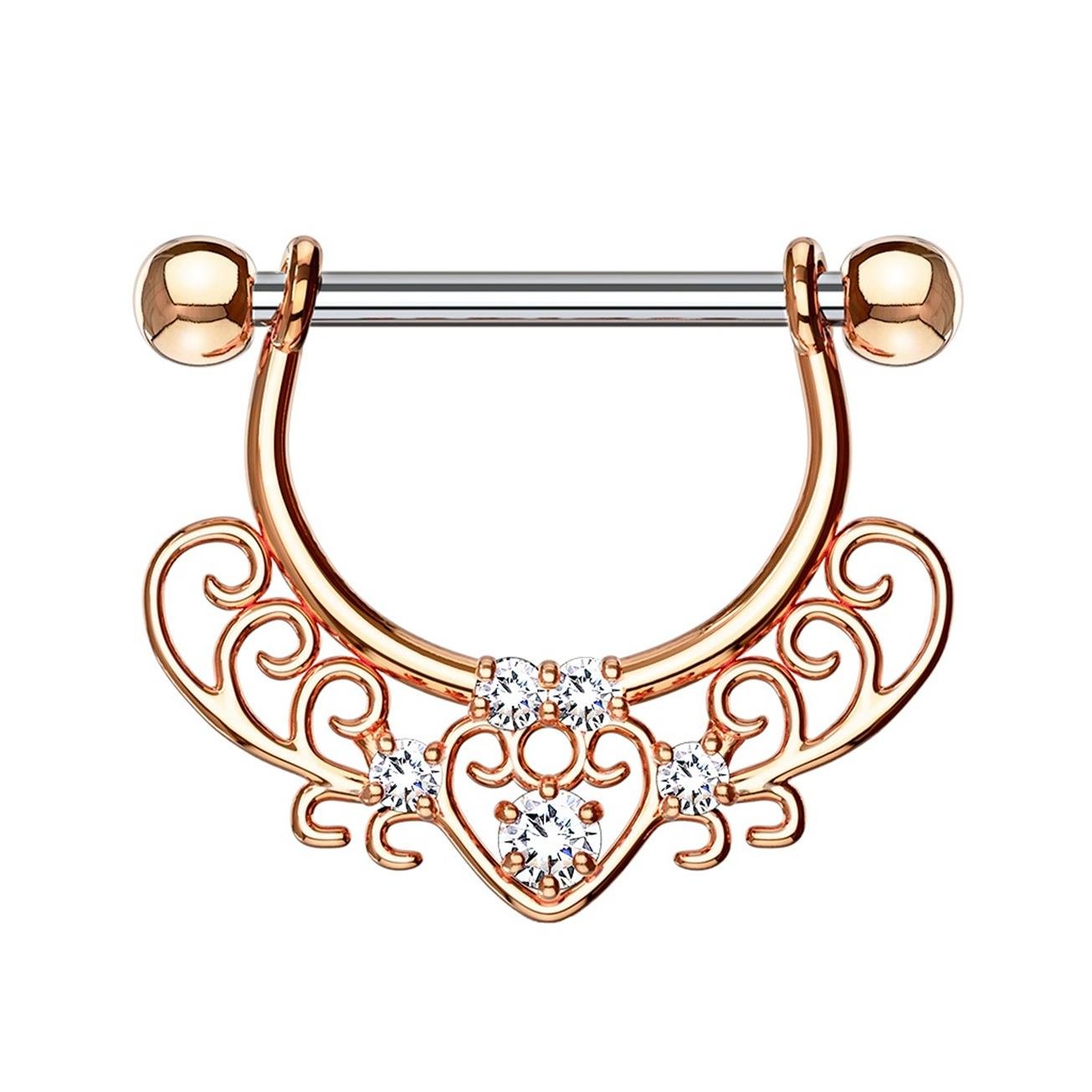 FILIGRANES Herz ZIRKONIA Brustwarzenpiercing Brustpiercing Intimpiercing Edelstahl Silber Roségold Gold Clear Stab 1,6mm 12mm
