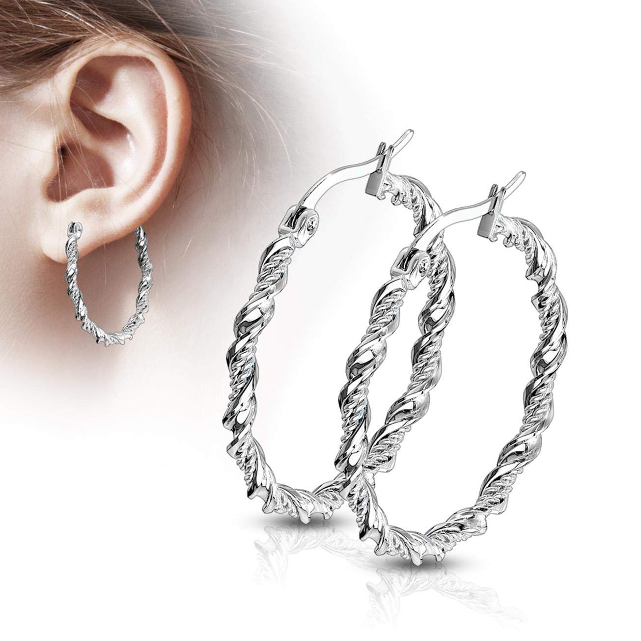 1 Paar Damen CREOLEN FLECHT-DESIGN Ohrringe Ohrstecker Chirurgenstahl Silber 30/40/50mm