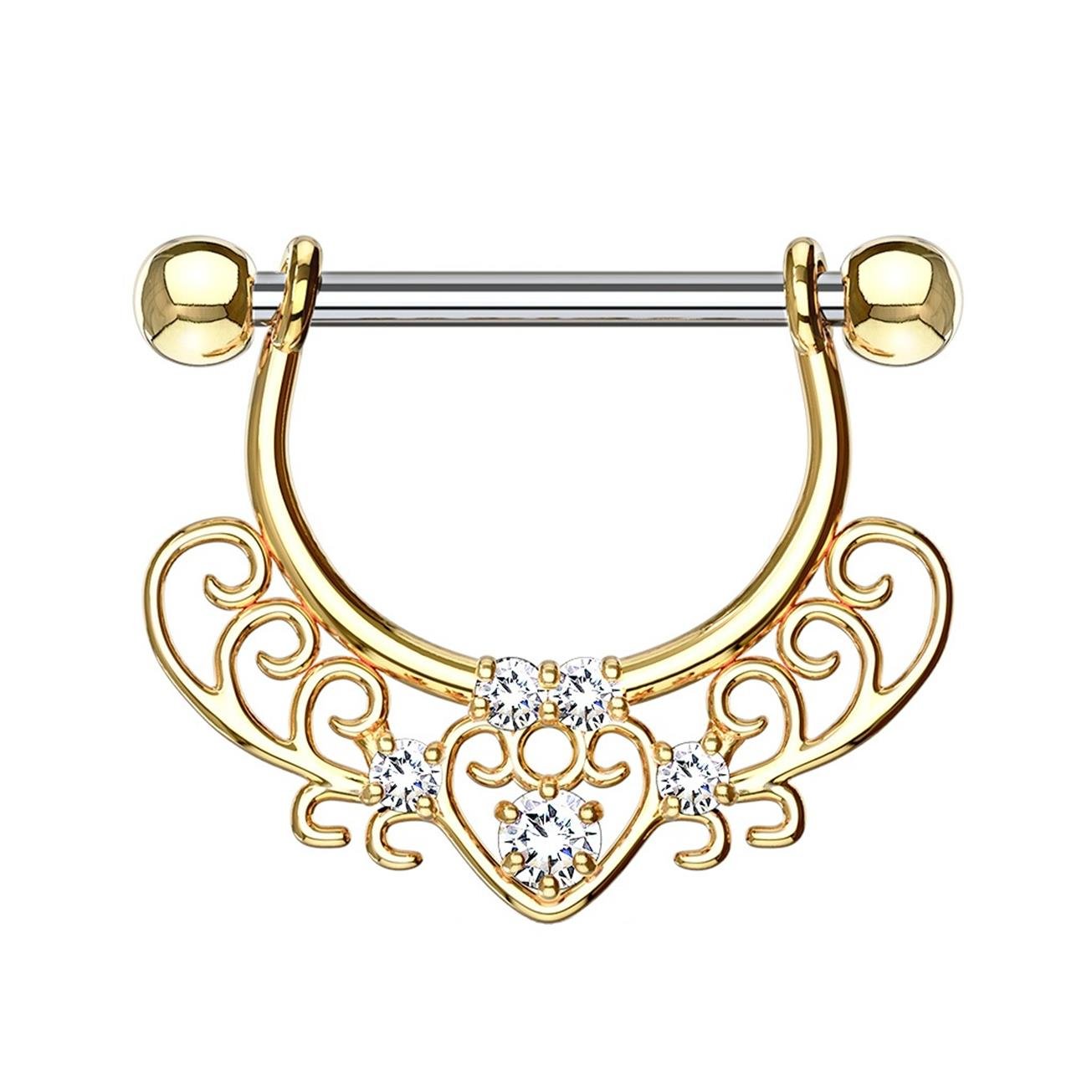 FILIGRANES Herz ZIRKONIA Brustwarzenpiercing Brustpiercing Intimpiercing Edelstahl Silber Roségold Gold Clear Stab 1,6mm 12mm