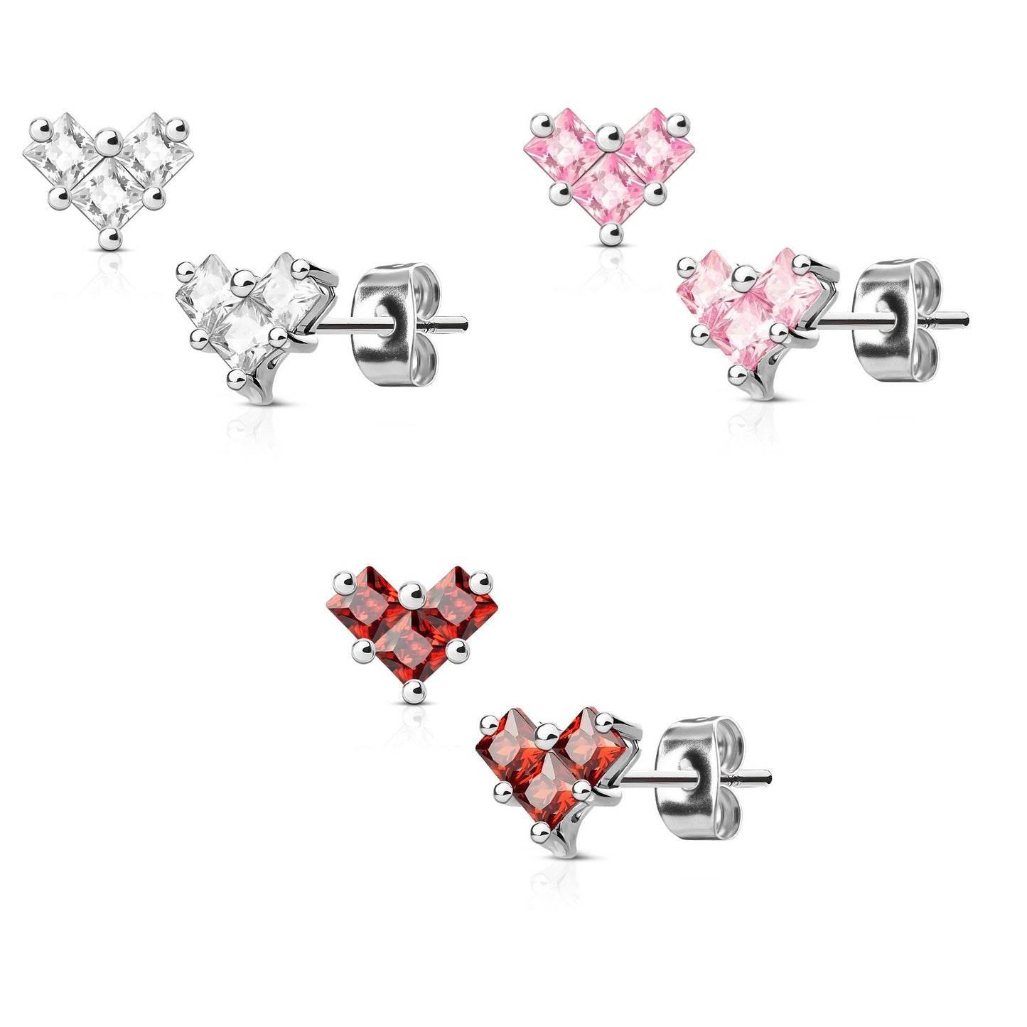 1 Paar Ohrringe Set Stecker Edelstahl Chirurgenstahl 3 Mini Quadrate silber Haken clear pink rot Zirkonia