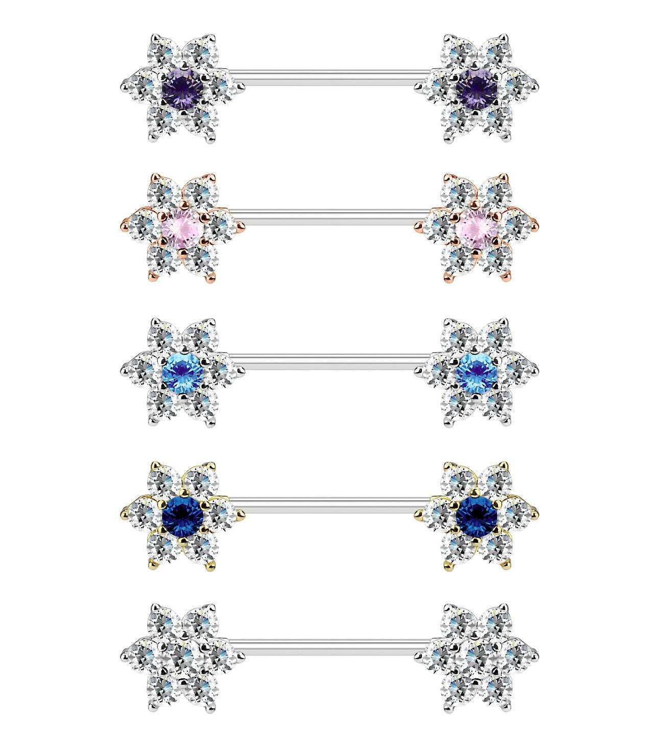 Brustwarzenpiercing GLITZERNDE ZIRKONIA-Blumen Brustpiercing Edelstahl Silber Roségold Gold Clear Pink Aqua Lila Blau 1,6mm 16mm