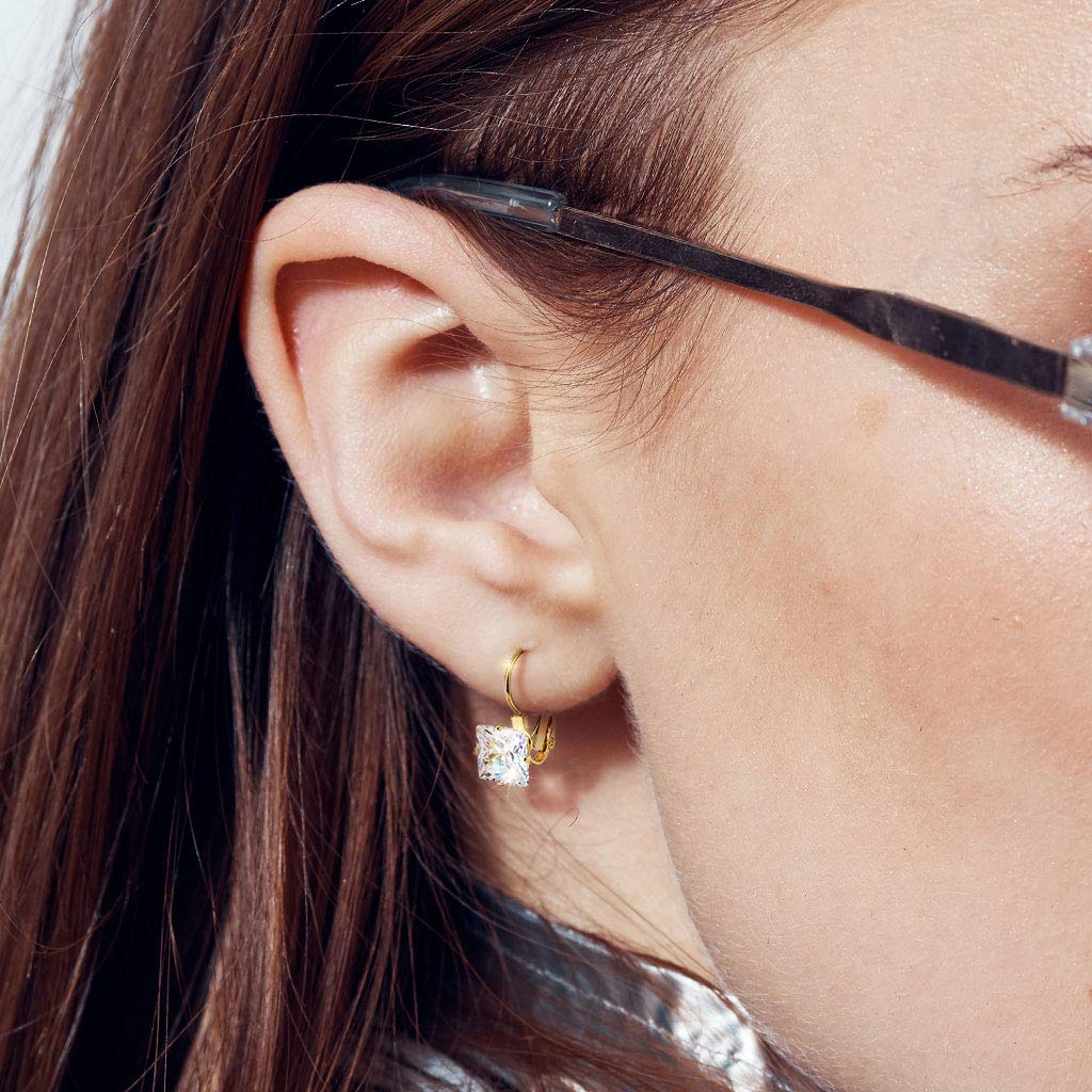 1 Paar Damen Ohrhänger Zirkonia Quadrat Anhänger Ohrringe Ohrstecker Chirurgenstahl Klapp-Bügel Silber Gold Roségold