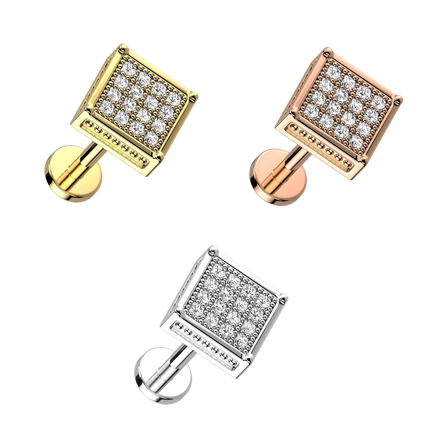 Knorpel Ohrstecker Quadrat Silber Gold Roségold Pavé Zirkonia Clear Piercings Chirurgenstahl Schraubverschluss Stab 6/8mm lang