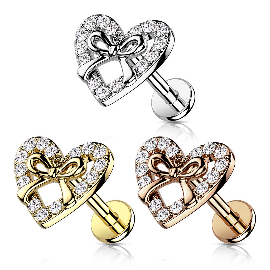 Knorpel Ohrstecker Herz Schleife Silber Gold Roségold Pavé Zirkonia Clear Piercings Chirurgenstahl Schraubverschluss Stab 6/8mm lang