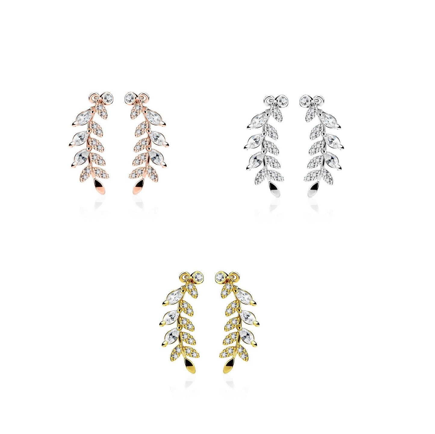 1 Paar Ohrklemmen BLÄTTER 21 x 3mm Set Ohrringe Ohrclip Ohrstecker Chirurgenstahl Zirkonia Silber Gold Roségold