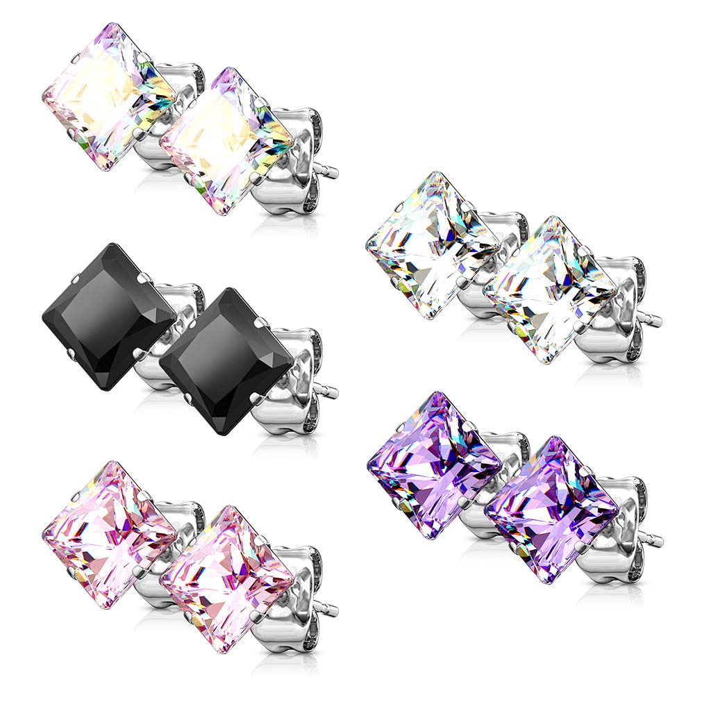 5 Paar Ohringe Eckiger Zirkonia 3mm 4mm 5mm Ohrringe Ohrstecker Chirurgenstahl Silber Clear Regenbogen Pink Lila Schwarz