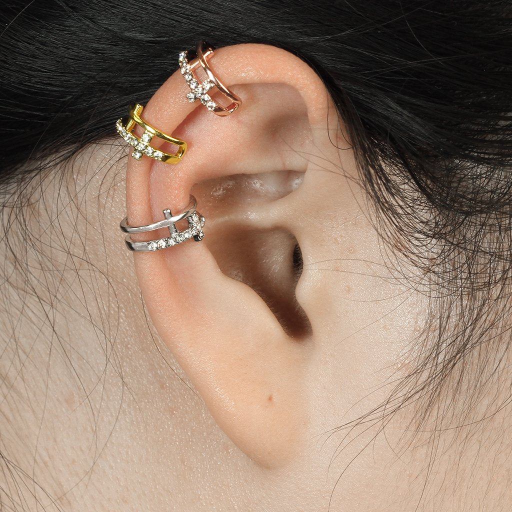 Ohrklemme DOPPEL KREUZ PAVÉ ZIRKONIA clear Ohrringe Ohrclip Fake-Piercing Messing Silber Gold Roségold
