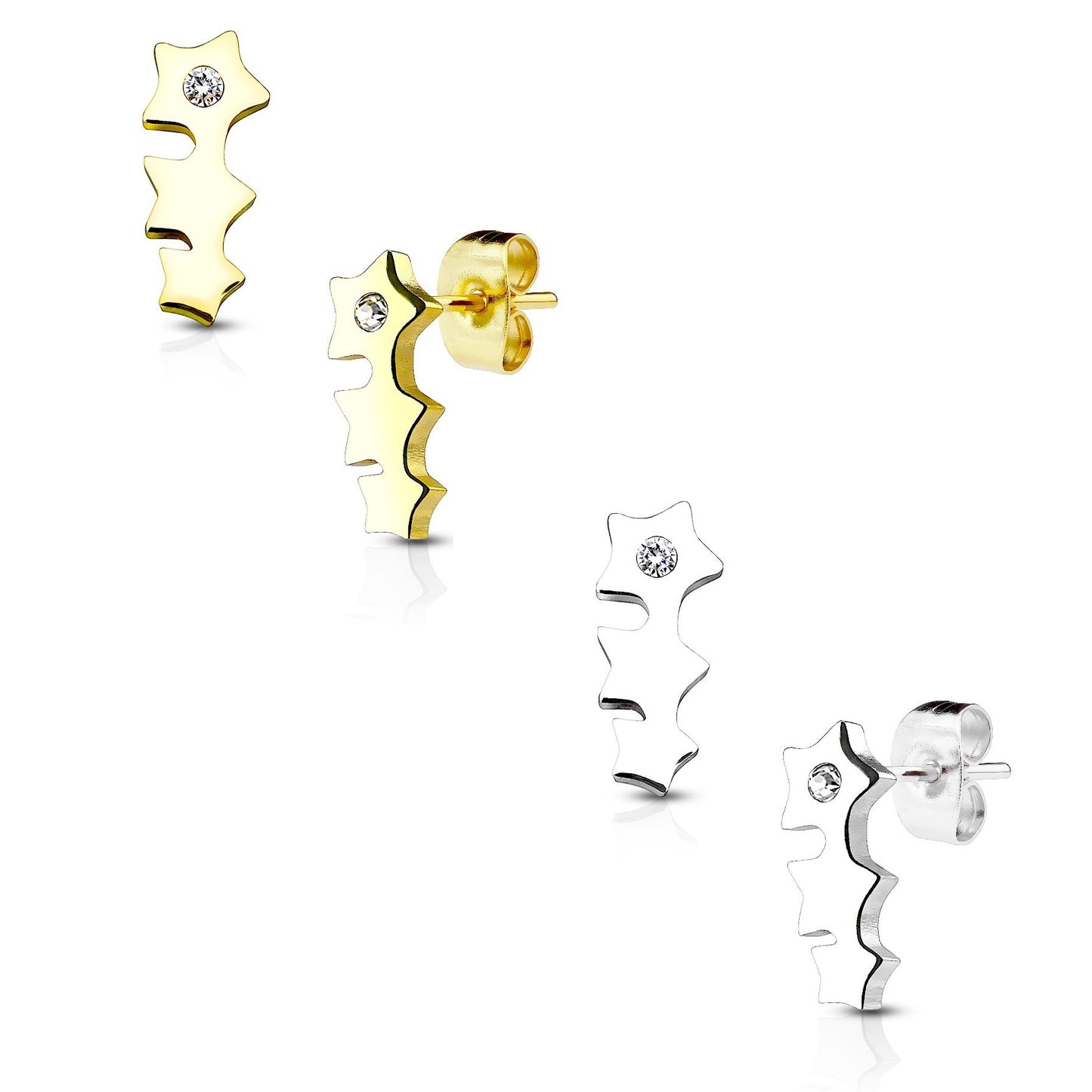1 Paar Ohrringe Set Ohrstecker Edelstahl Chirurgenstahl 3-fach Stern Triple Star clear Zirkonia gold silber