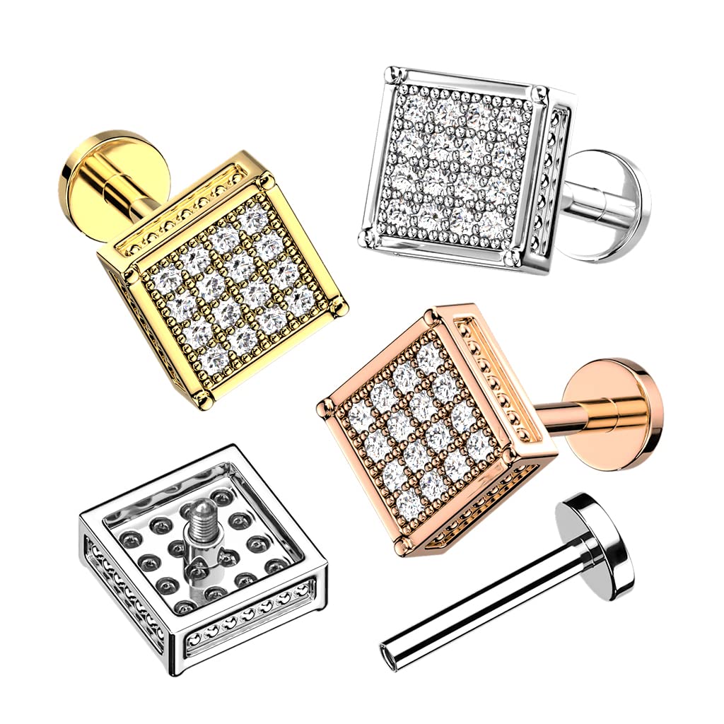 Knorpel Ohrstecker Quadrat Silber Gold Roségold Pavé Zirkonia Clear Piercings Chirurgenstahl Schraubverschluss Stab 6/8mm lang