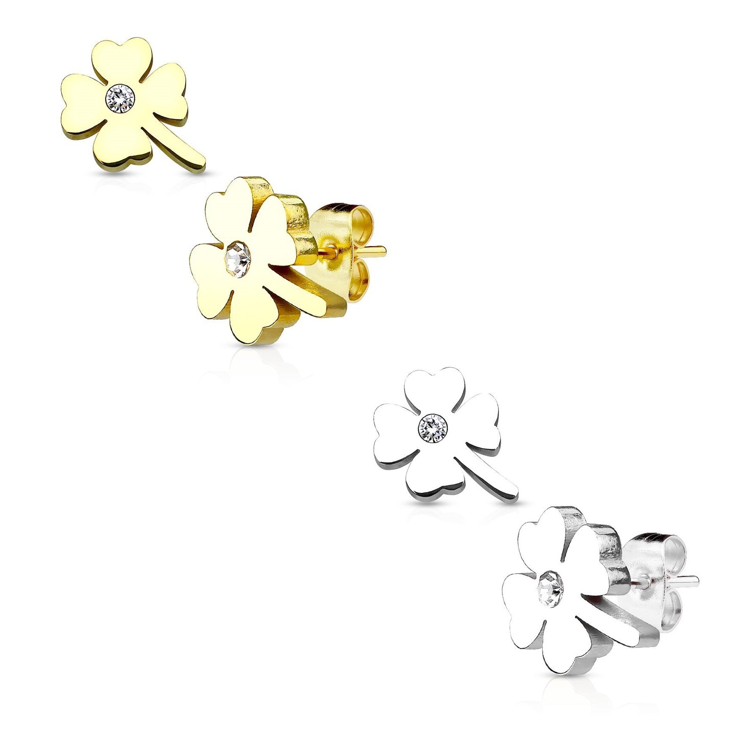 1 Paar Ohrringe Set Ohrstecker Edelstahl Chirurgenstahl Kleeblatt clear Zirkonia gold silber