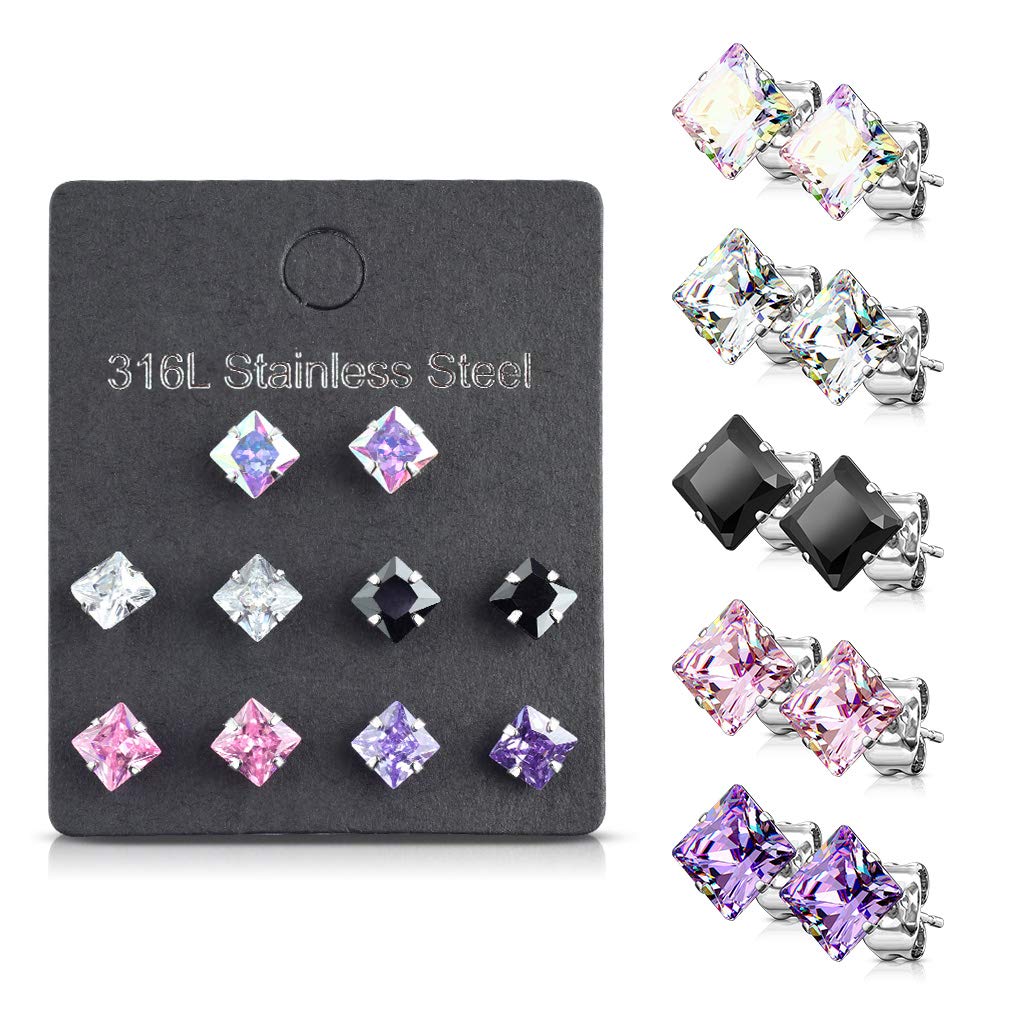 5 Paar Ohringe Eckiger Zirkonia 3mm 4mm 5mm Ohrringe Ohrstecker Chirurgenstahl Silber Clear Regenbogen Pink Lila Schwarz