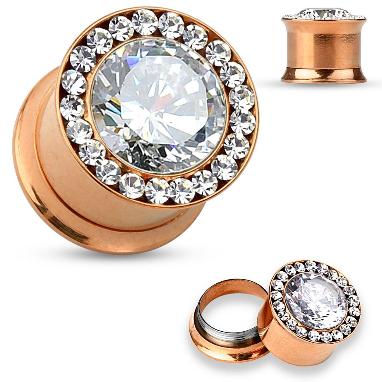 Ohrplug GROSSER ZIRKONIA Ohrpiercing Ohrschmuck Chirurgenstahl Tunnel Schraubverschluss Gold Schwarz Roségold Silber 6-12mm