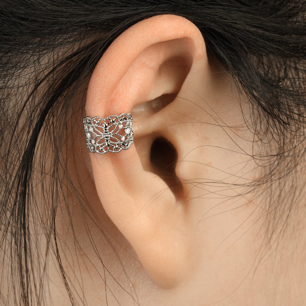 Ohrklemme FILIGRANER SCHMETTERLING ZIRKONIA clear Ohrringe Ohrclip Fake-Piercing Messing Silber