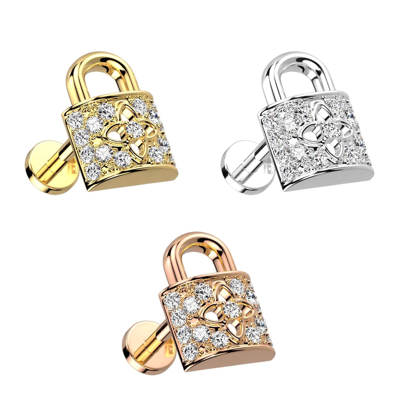Knorpel Ohrstecker Schloss Silber Gold Roségold Pavé Zirkonia Clear Piercings Chirurgenstahl Schraubverschluss Stab 6/8mm lang
