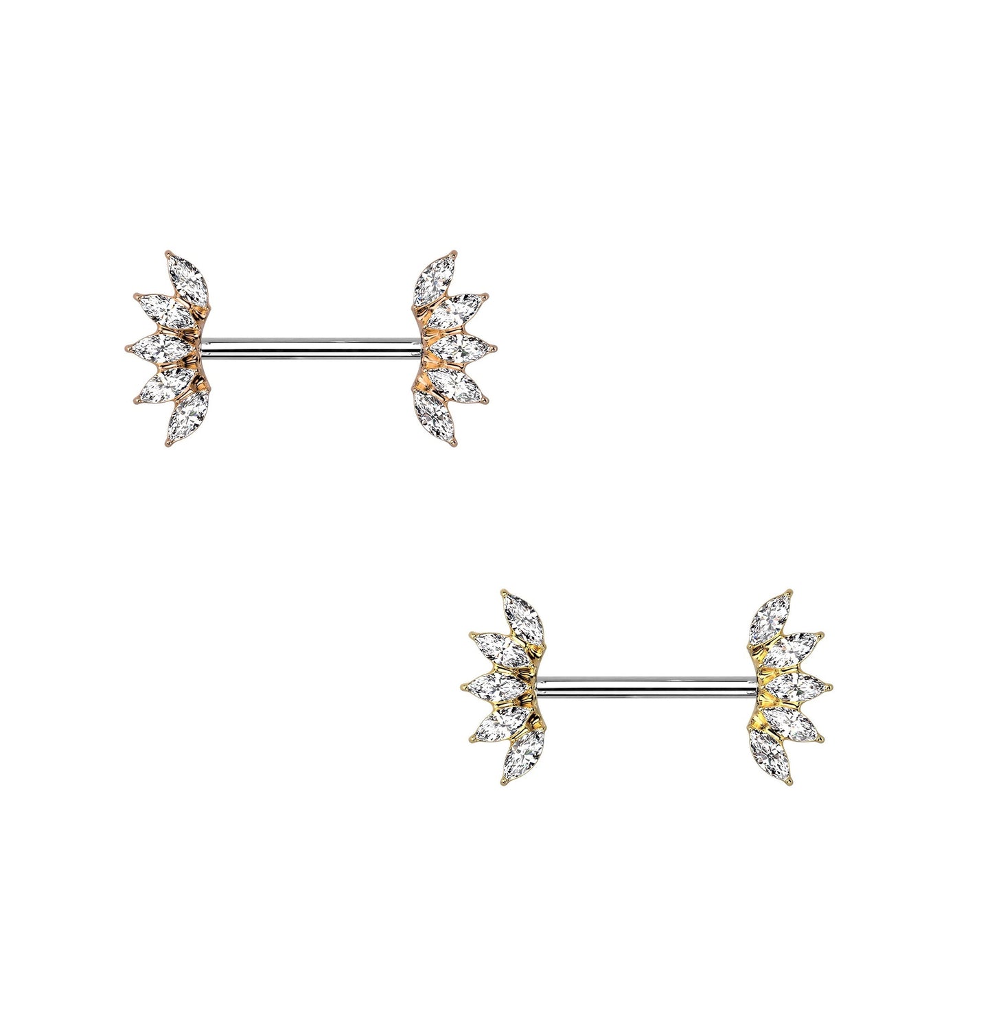 Brustwarzenpiercing Kristall-Fächer Zirkonia Clear Brustpiercing Nippelpiercing Chirurgenstahl Gold Roségold Stab 1,6/16mm