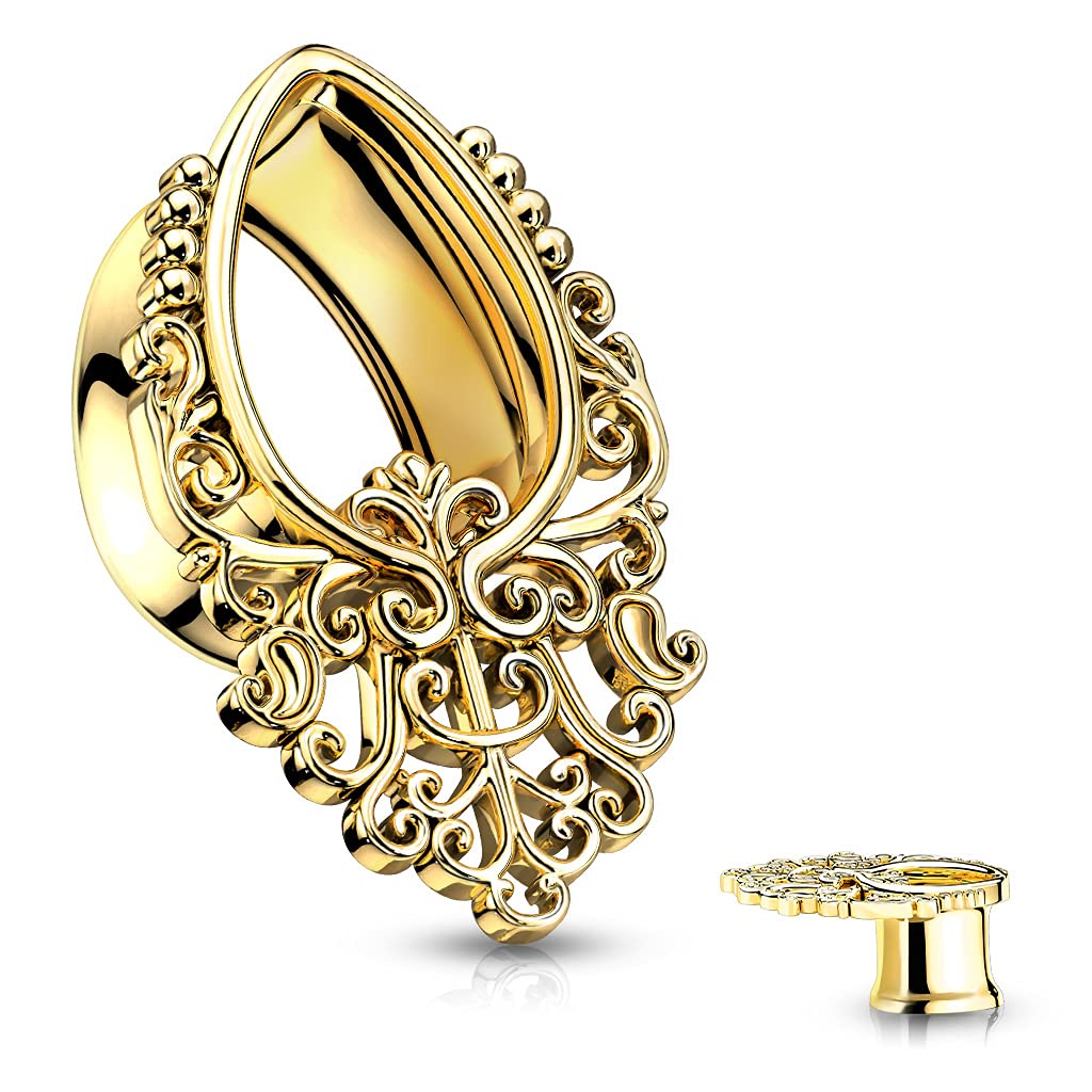 Ohrtunnel Filigraner Vintage Tropfen Silber Gold Ohrpiercing Chirurgenstahl Ohrschmuck Plug 8-16mm Sattelverschluss