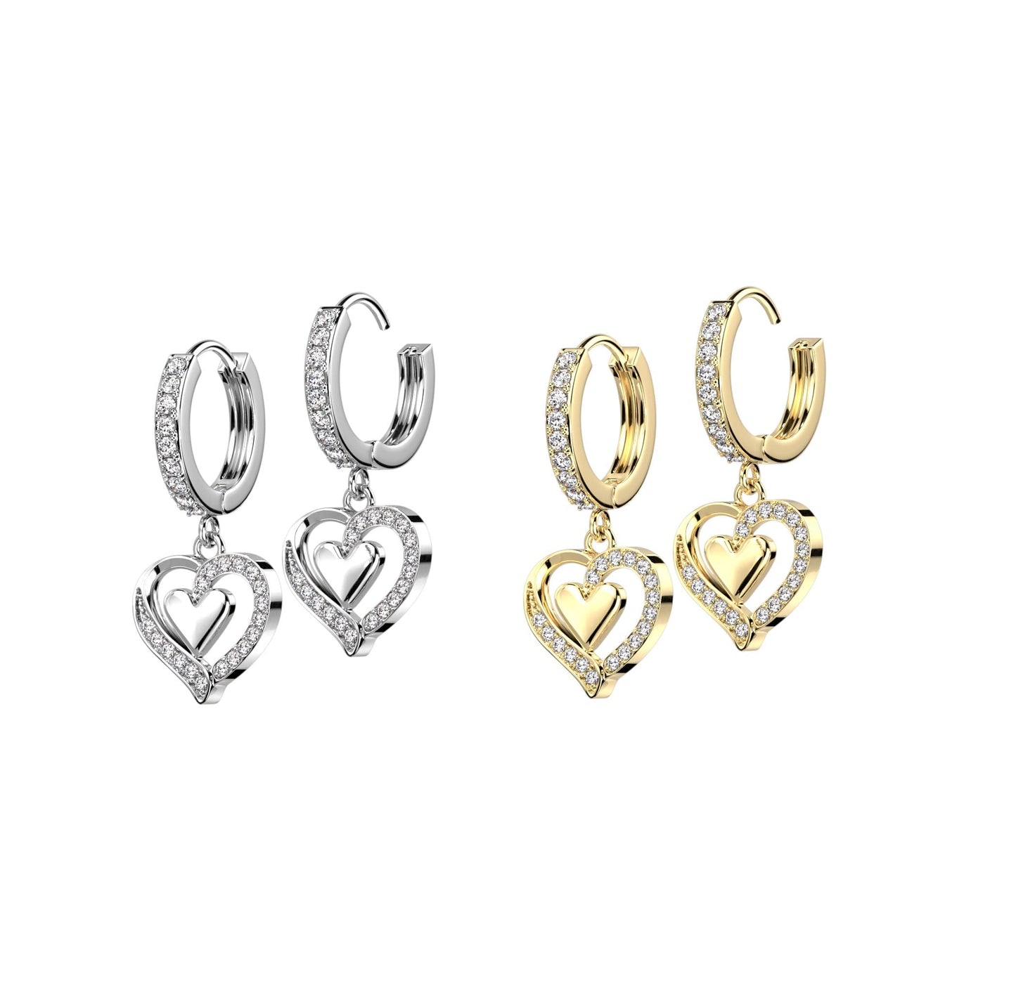 1 Paar Damen Creolen Ohrhänger Anhänger Herzen Pavé Zirkonia Clear Ohrringe Ohrstecker Silber Gold