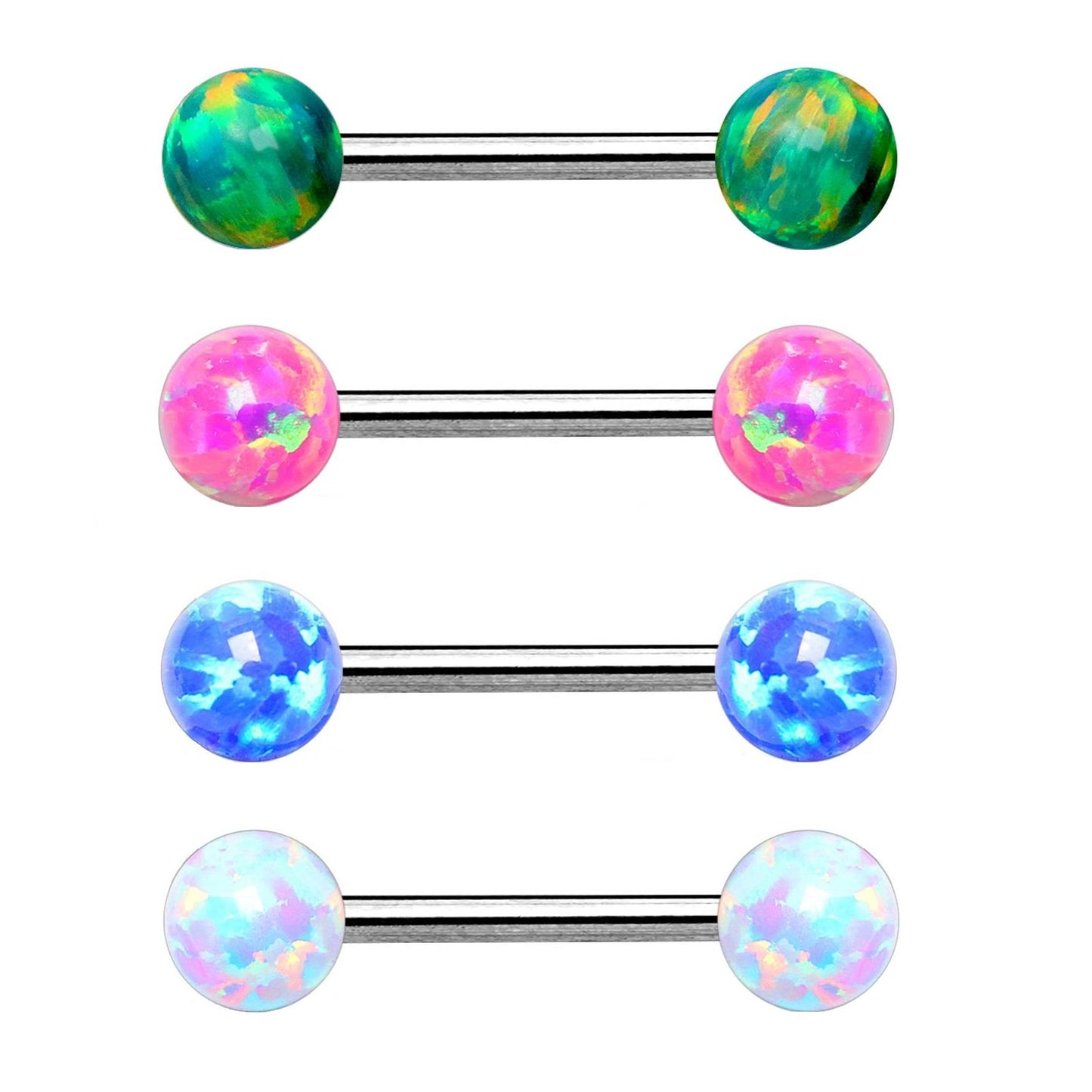 Brustwarzenpiercing 2 Opale Brustpiercing Nippelpiercing Chirurgenstahl Silber Blau Weiß Grün Pink Stab 1,6mm 14/16mm