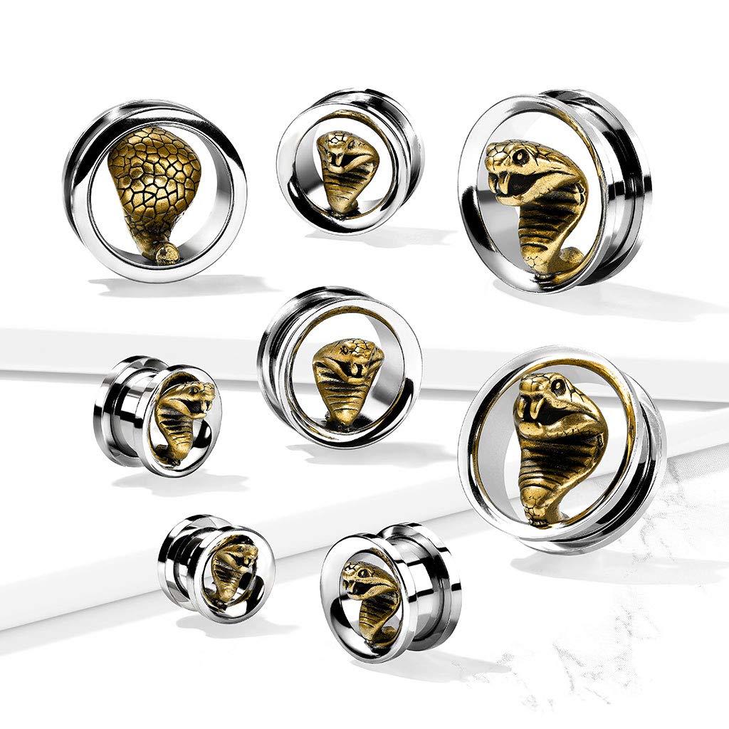 Ohrtunnel Goldene Kobra Silber 10-25mm Ohrpiercing Edelstahl Ohrschmuck Screw Fit Flesh Plug Schraubverschluss