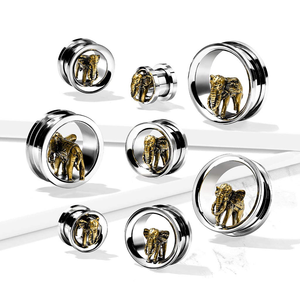 Ohrtunnel Goldener Elefant Silber 10-25mm Ohrpiercing Edelstahl Ohrschmuck Screw Fit Flesh Plug Schraubverschluss