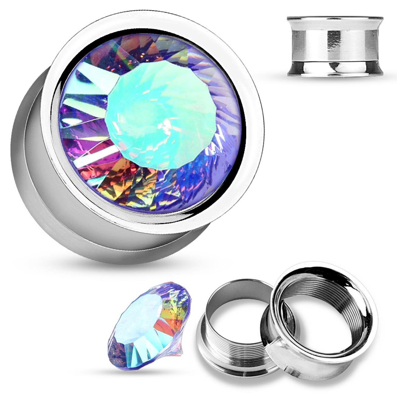 Ohrplug GROSSER KRISTALL Ohrpiercing Ohrschmuck Chirurgenstahl Tunnel Schraubverschluss Silber Blau Pink 6-16mm