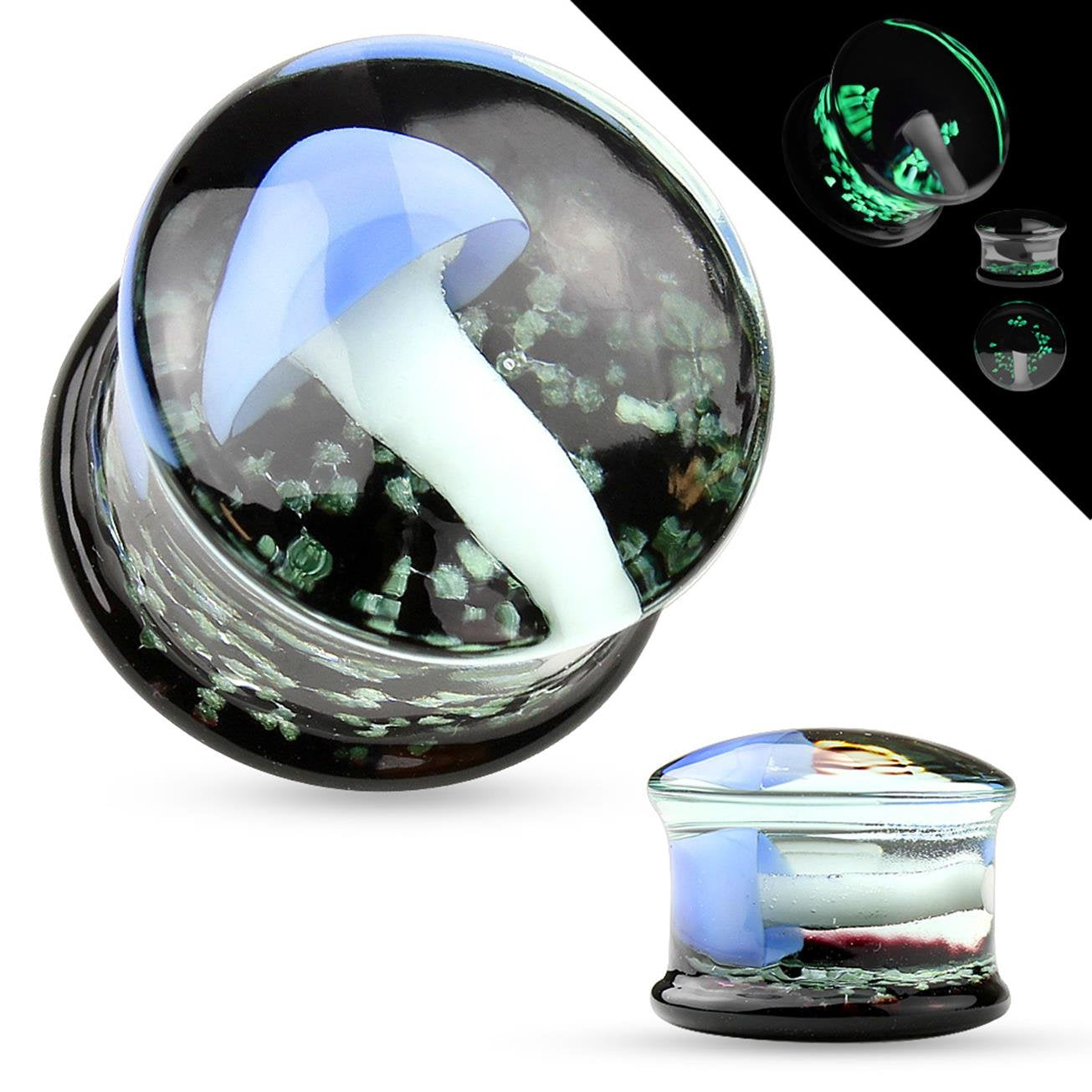 Ohrplug Glow in The Dark Sparkles Ohrpiercing Ohrschmuck Pyrex Glas Tunnel Sattelverschluss 6-16mm