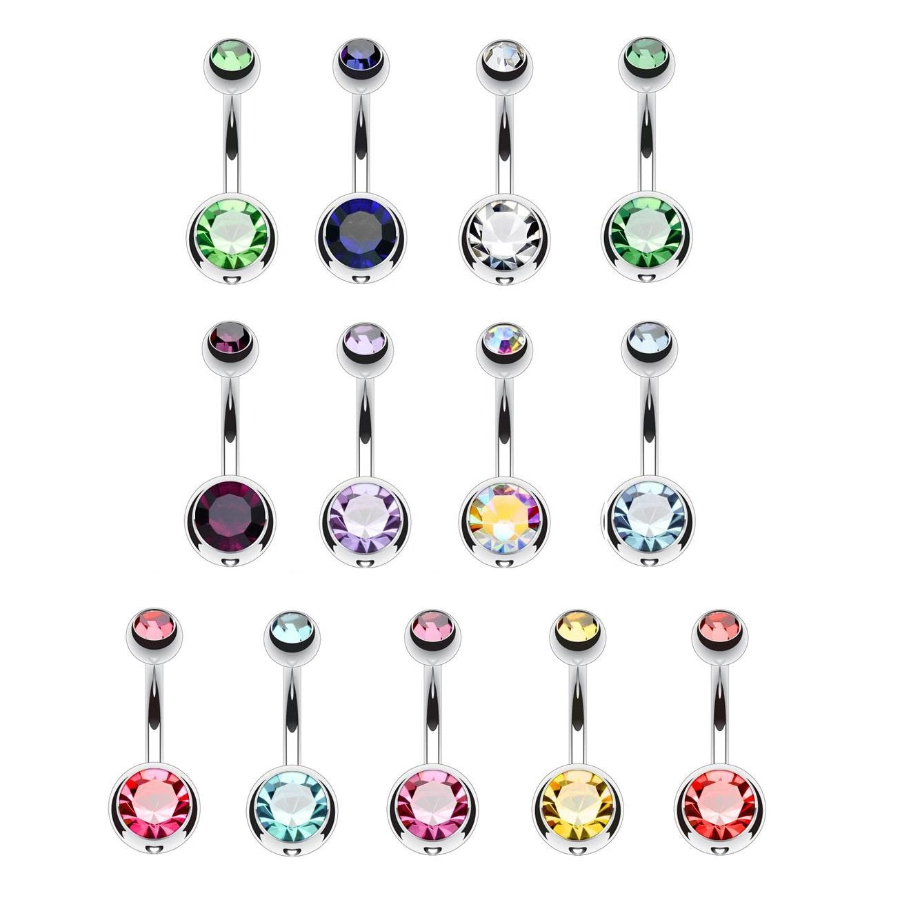 Bauchnabelpiercing 2 ZIRKONIA Nabelpiercing Chirurgenstahl Bananabell Silber Multicolor Stab 1,6/10mm Kugeln 4/6mm