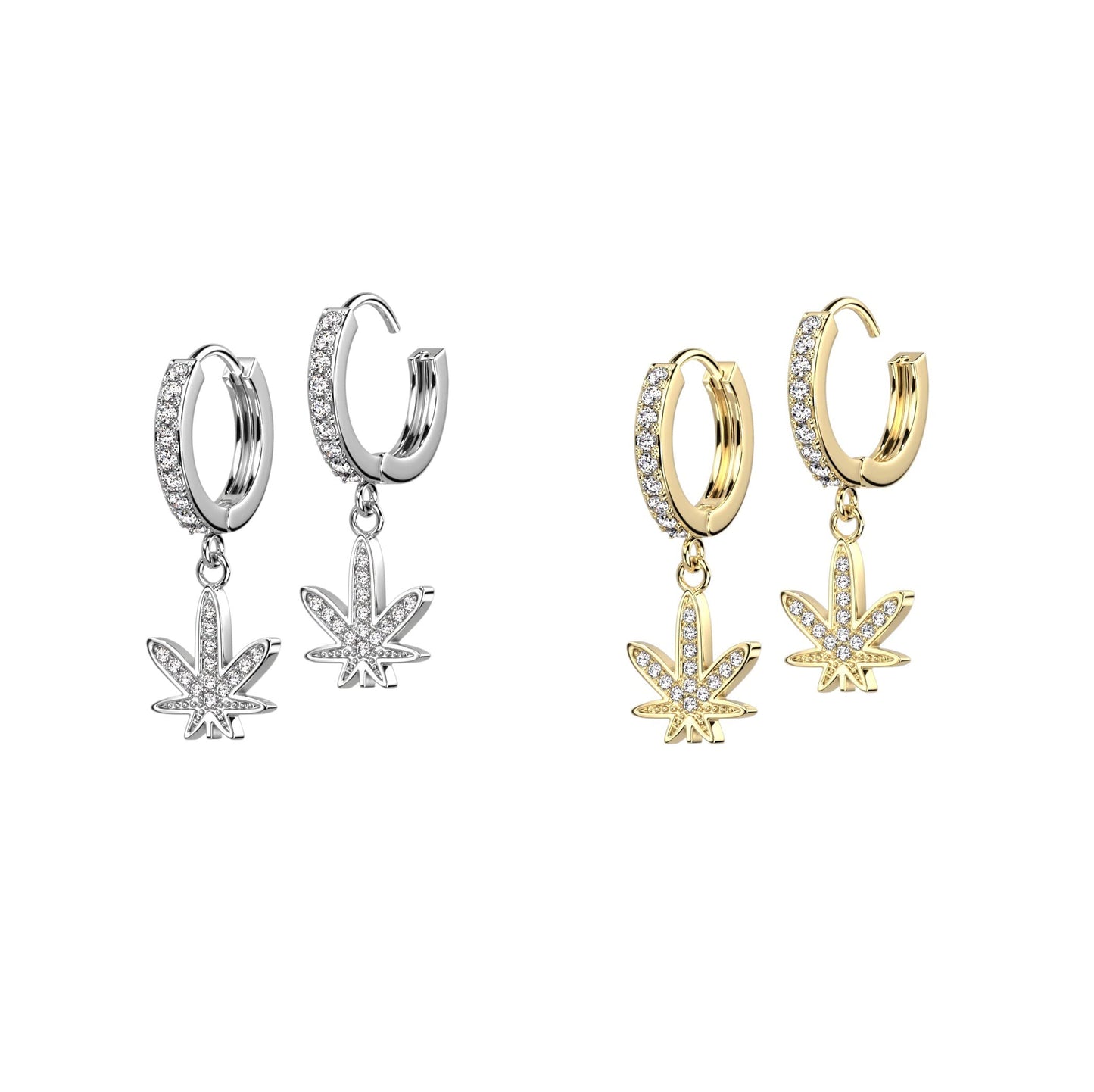 1 Paar Damen Creolen Ohrhänger Anhänger Hanf-Blatt Pavé Zirkonia Clear Ohrringe Ohrstecker Silber Gold