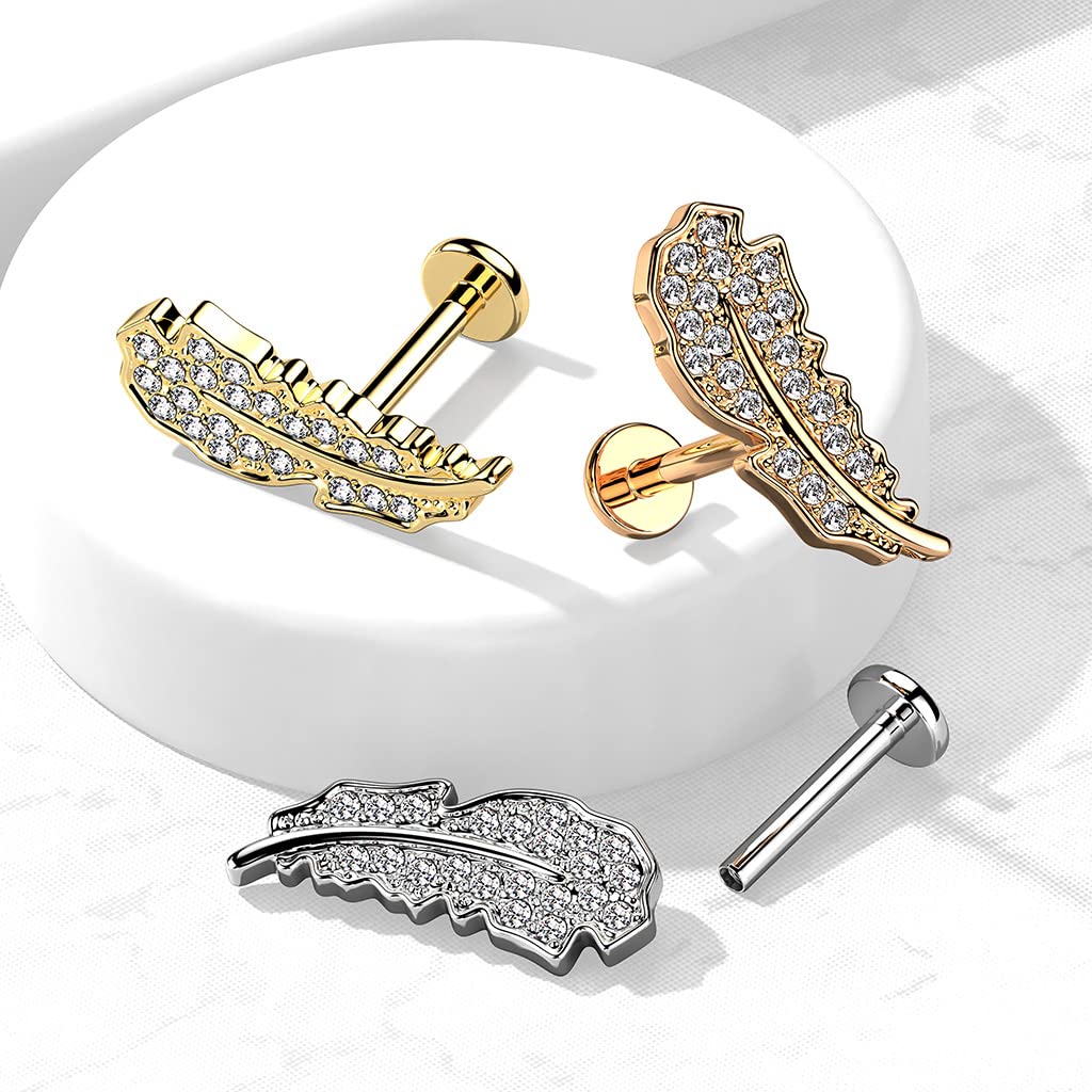 Knorpel Ohrstecker Feder Silber Gold Roségold Pavé Zirkonia Clear Piercings Chirurgenstahl Schraubverschluss Stab 6/8mm lang