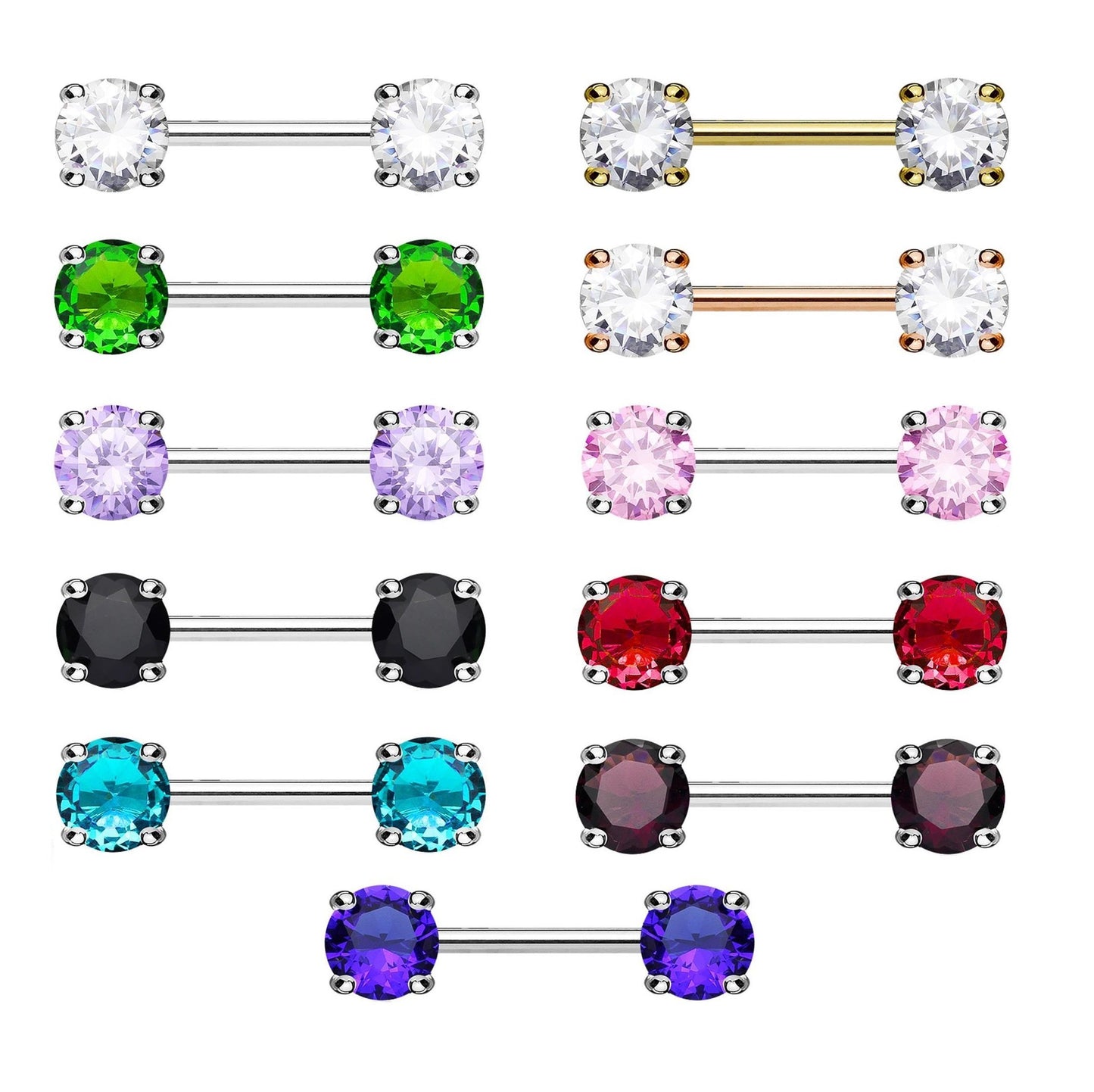 Brustwarzenpiercing 2 Grosse RUNDE ZIRKONIA Brustpiercing Nippelpiercing Edelstahl viele Farben Stab 1,6mm 12+mm