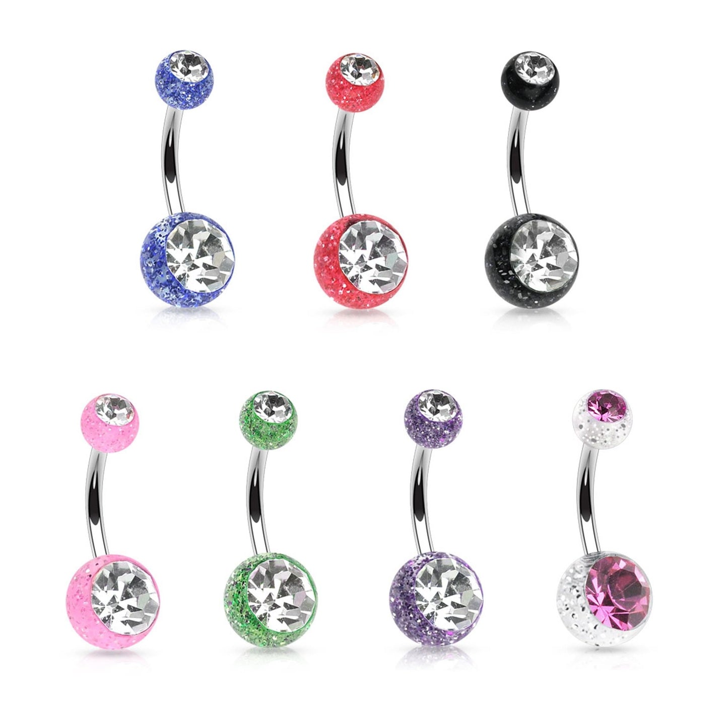 Bauchnabelpiercing 2 Glitzer-Kugeln 1,6mm 10mm Nabelpiercing Chirurgenstahl Bananabell Zirkonia Silber viele Farben