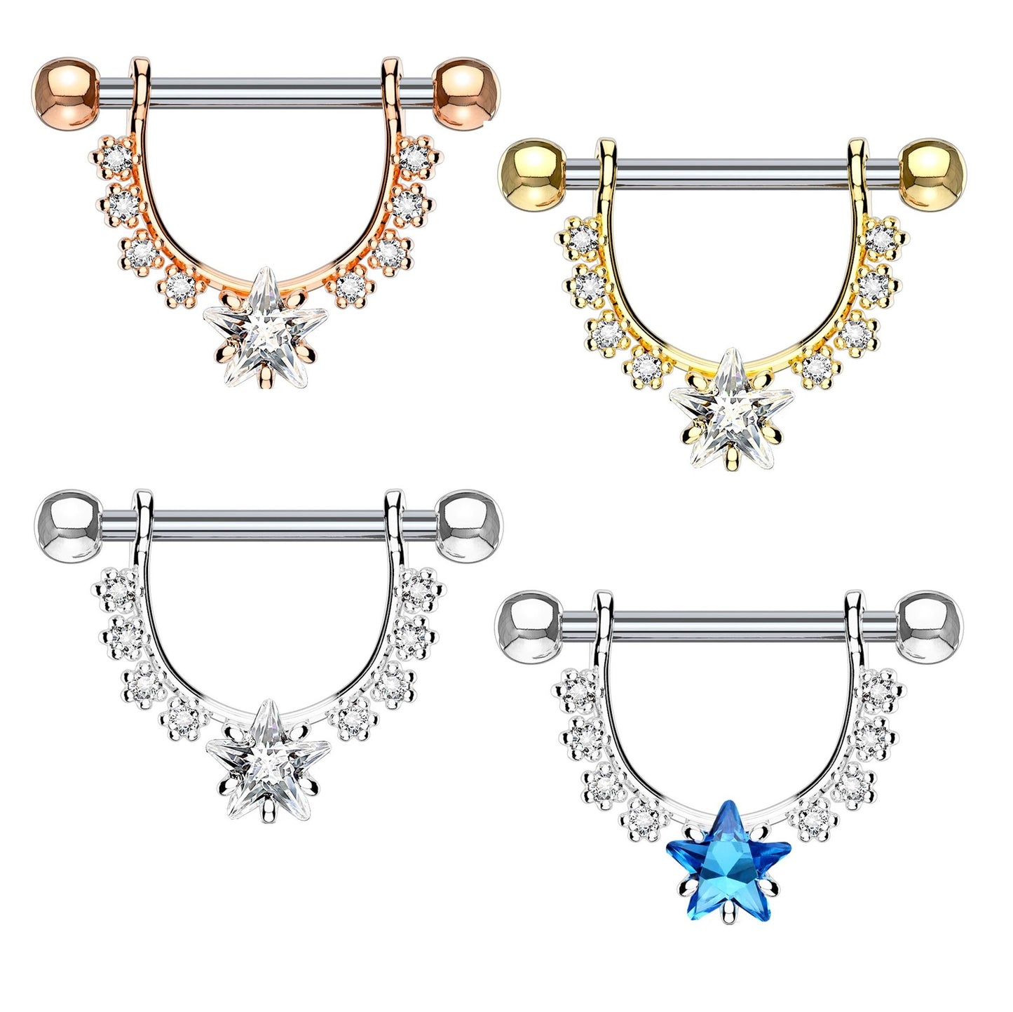 Brustwarzenpiercing GROSSER Stern Intimpiercing Brustpiercing Edelstahl Silber Gold Roségold Clear Aqua Stab 1,6mm 12mm
