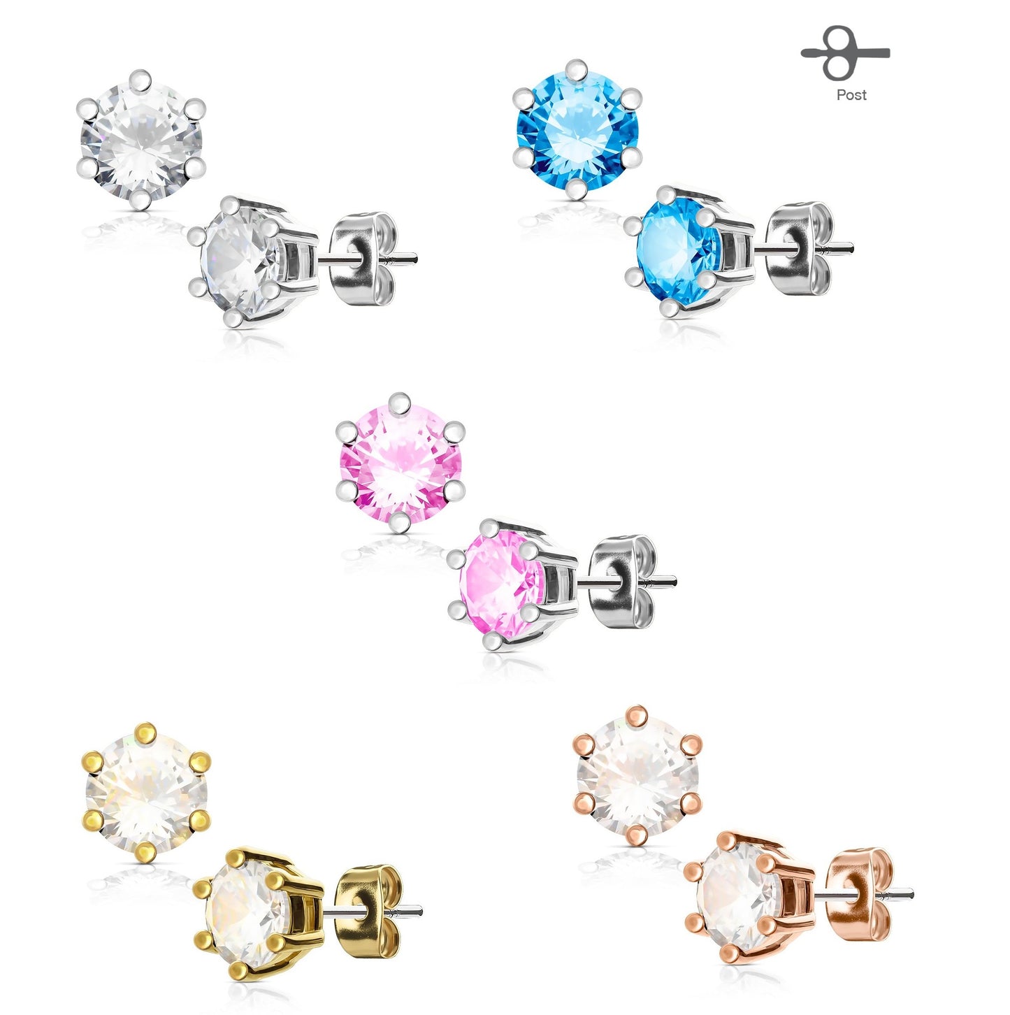 1 Paar Ohringe Ohrringe Set Stecker Edelstahl Chirurgenstahl Rund Prong Zirkonia clear gold pink aqua roségold