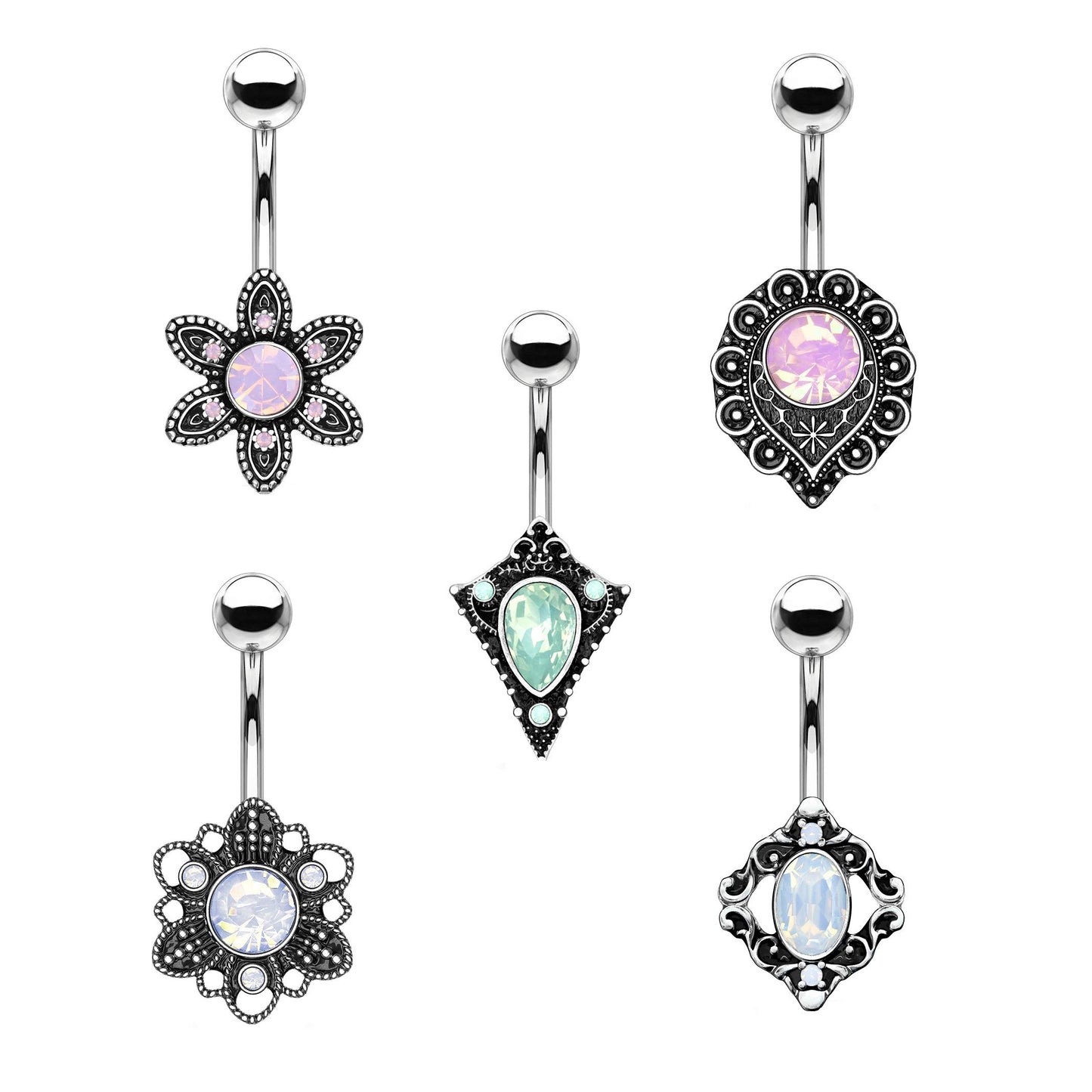 Bauchnabelpiercing Opal-Optik Antik-Silber Nabelpiercing Chirurgenstahl Bananabell Silber Rosa Grün Weiß Stab 1,6/10mm