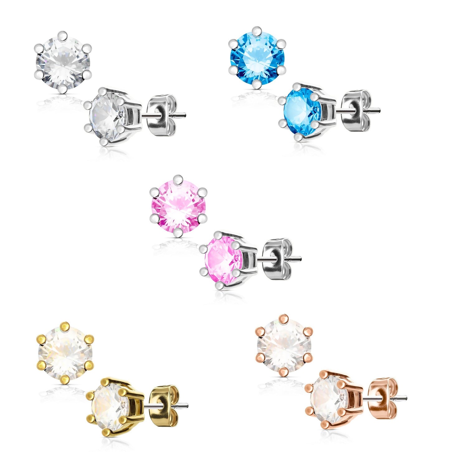 1 Paar Ohringe Ohrringe Set Stecker Edelstahl Chirurgenstahl Rund Prong Zirkonia clear gold pink aqua roségold