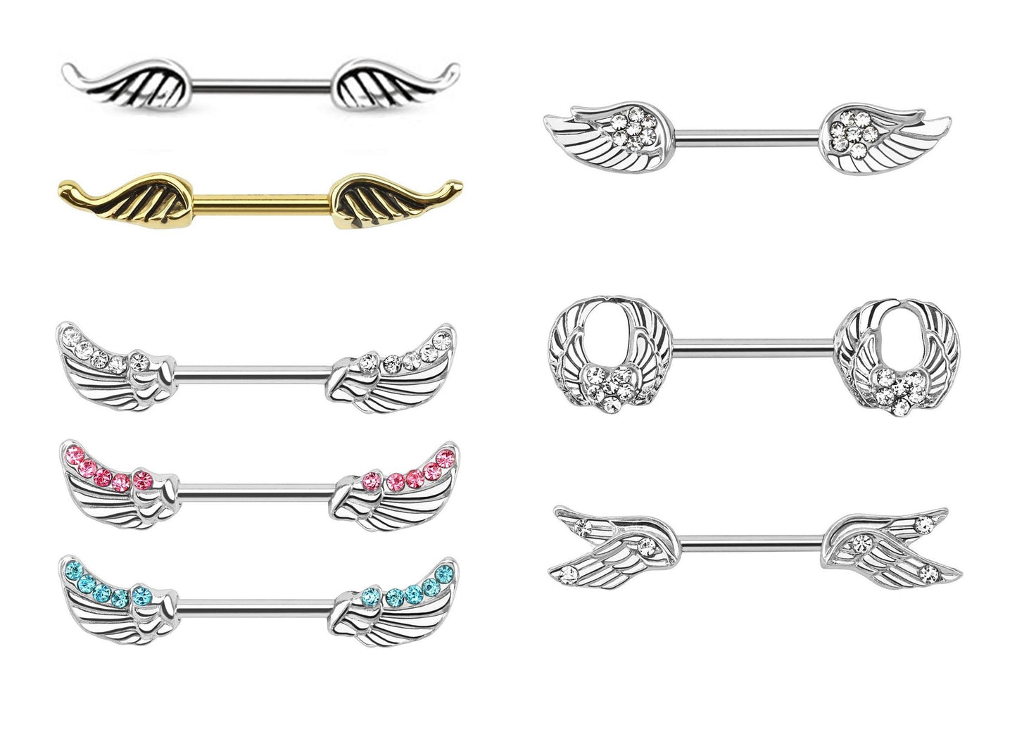 Engels-FLÜGEL Brustwarzenpiercing Brustpiercing Nippelpiercing Edelstahl VERGOLDET KRISTALL ZIRKONIA Clear PINK Aqua 1,6mm 12mm
