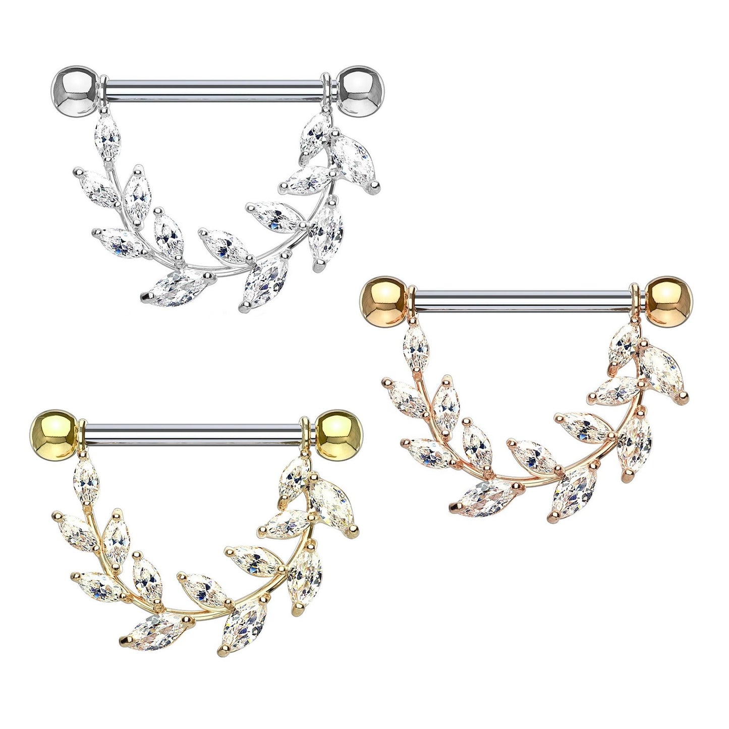 Brustwarzenpiercing KRISTALL-Rebe Intimpiercing Brustpiercing Edelstahl ZIRKONIA Clear ROSÉGOLD Silber Gold 1,6mm 14mm