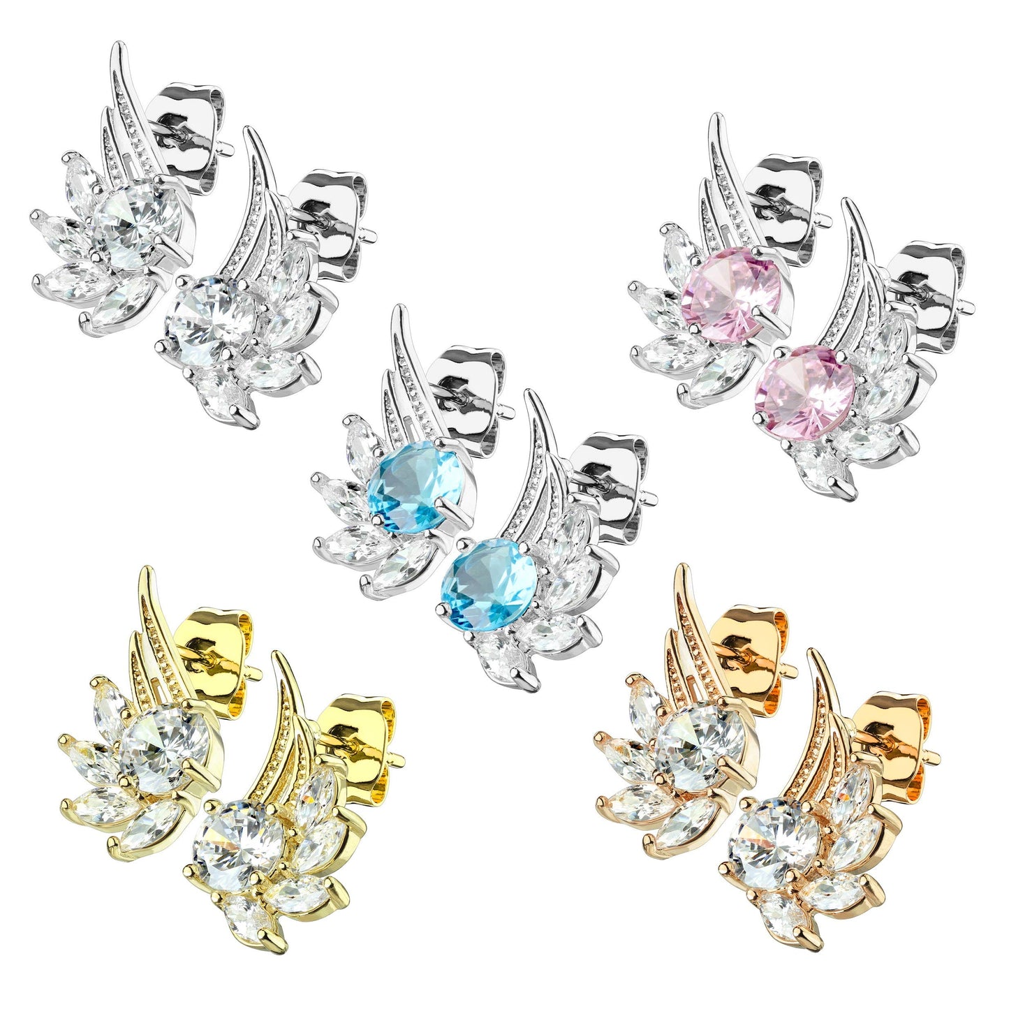 1 Paar ZIRKONIA ENGELS-FLÜGEL Ohringe Ohrringe Schmuck Ohrstecker Chirurgenstahl Silber Gold Roségold Multicolor