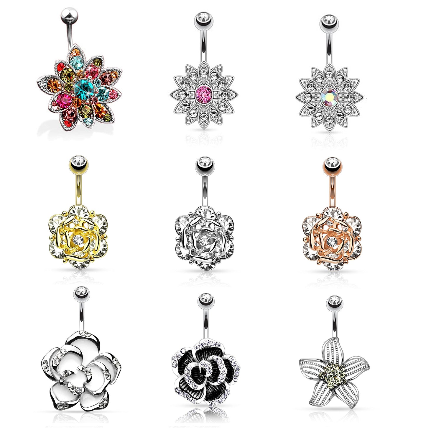 Bauchnabelpiercing Set 1,6mm 10mm Blume Nabelpiercing Edelstahl Chirurgenstahl Bananabell Zirkonia Kristalle Silber Gold Roségold