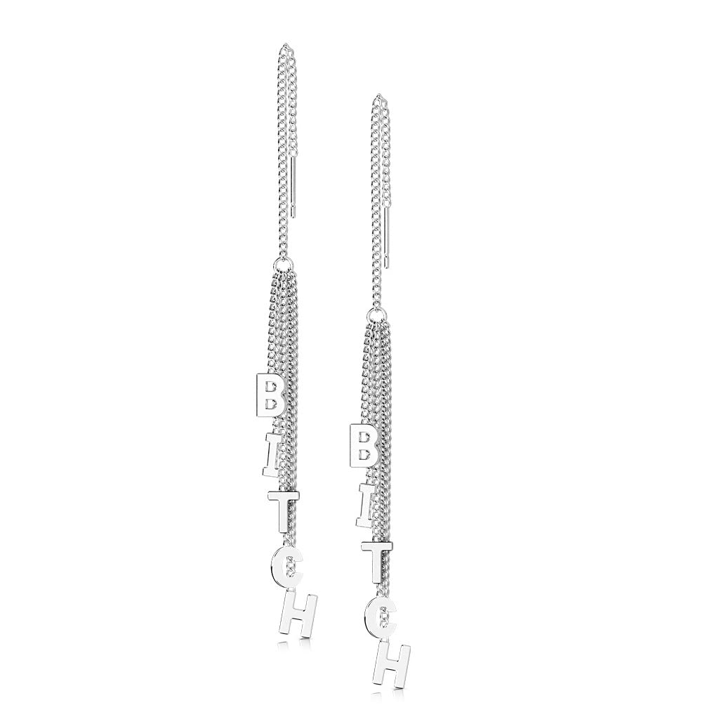 1 Paar Damen Ohrringe Durchzieher Ketten-Anhänger Wort BITCH Ohrringe Ohrstecker Chirurgenstahl Gold Roségold Silber