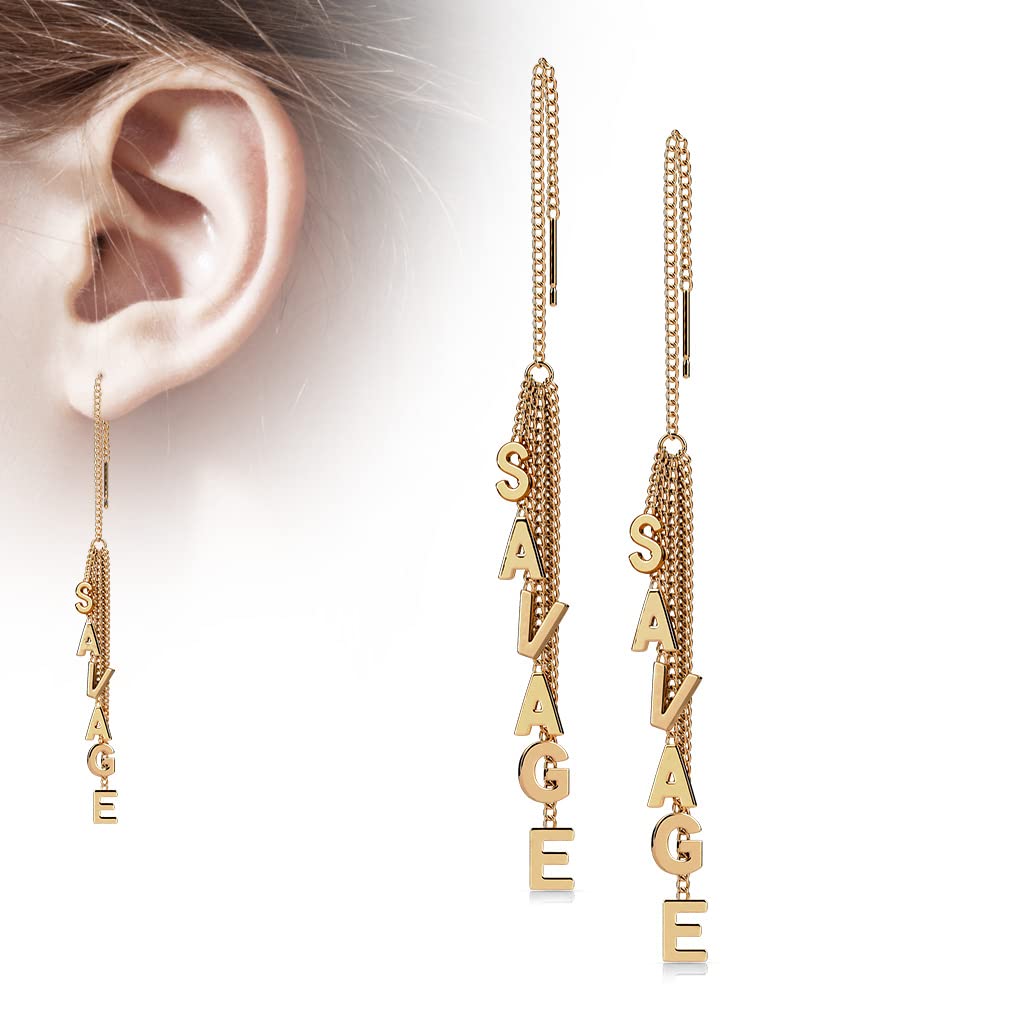 1 Paar Damen Ohrringe Durchzieher Ketten-Anhänger Wort SAVAGE Ohrringe Ohrstecker Chirurgenstahl Gold Roségold Silber